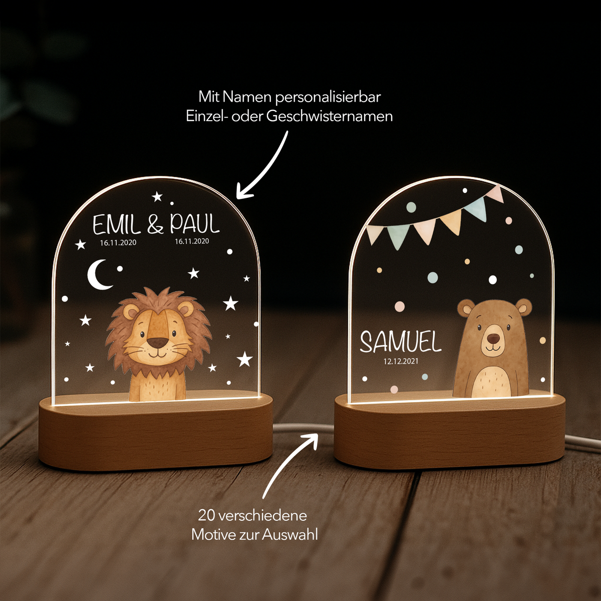Nachtlicht Waldtiere personalisiert aus Acryl fürs Kinderzimmer