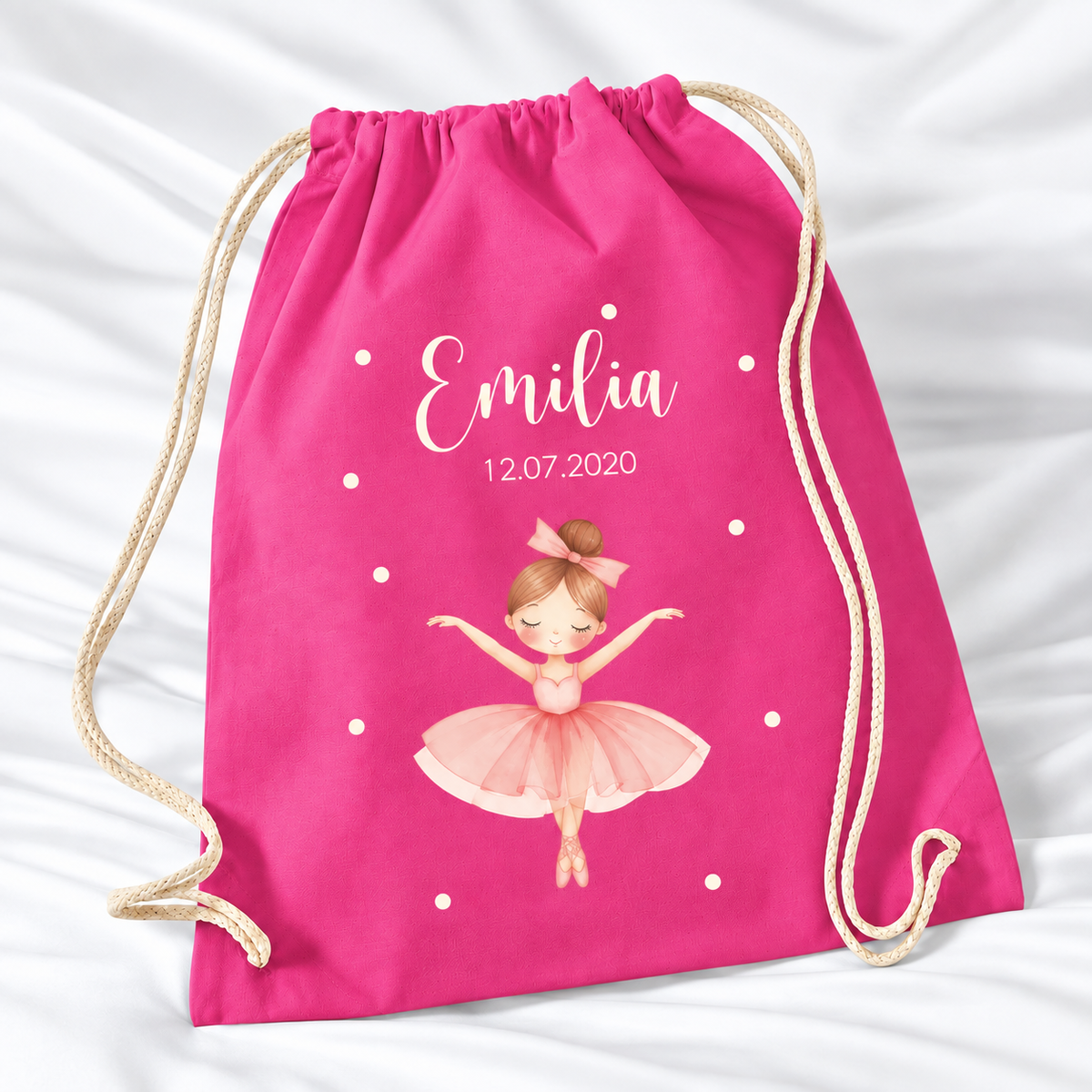Personalisierter Ballerina-Turnbeutel in Fuchsia mit Wunschname – Standard 140 g/m²
