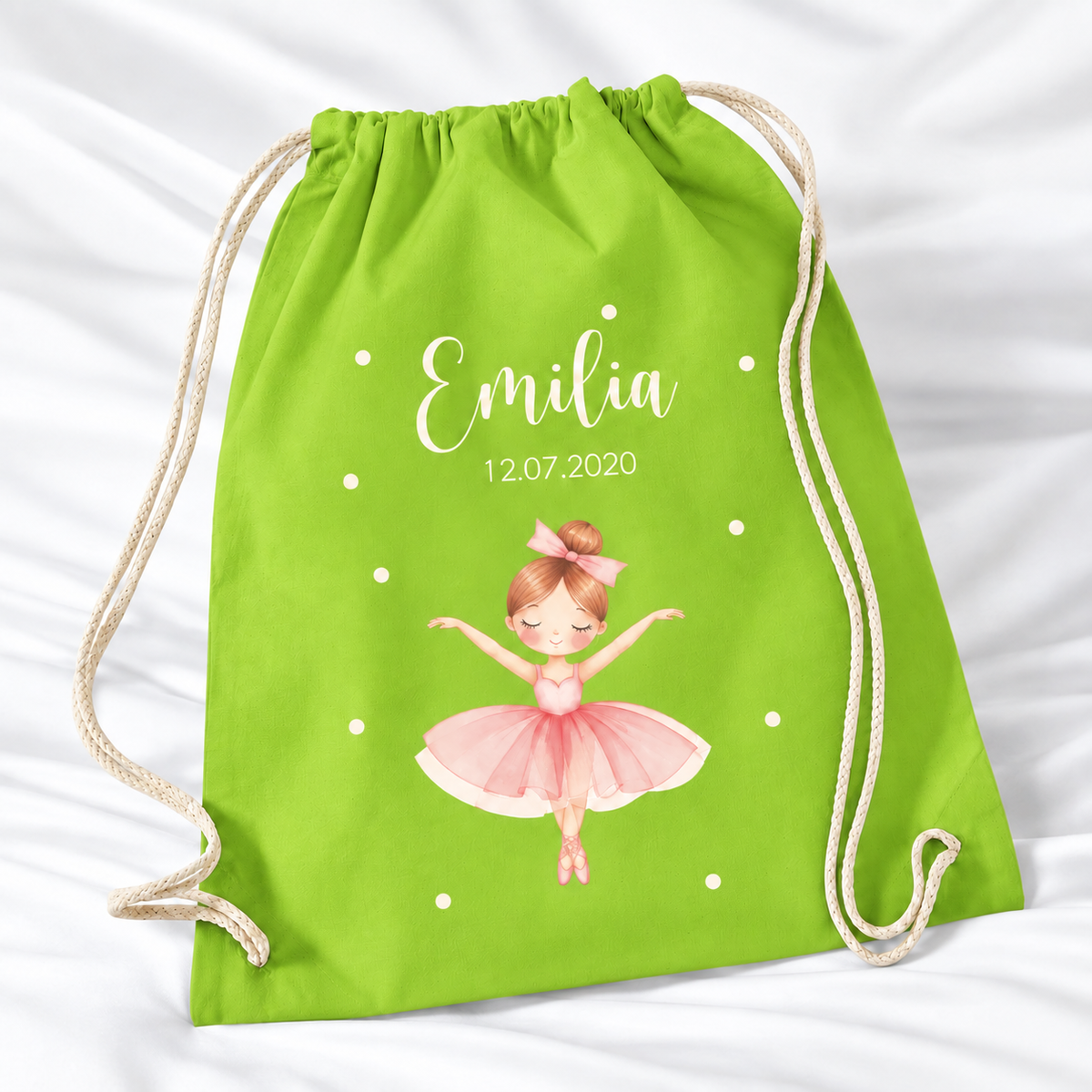 Personalisierter Ballerina-Turnbeutel in Lindgrün mit Wunschname – Standard 140 g/m²