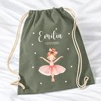 Personalisierter Ballerina-Turnbeutel in Olivgrün mit Wunschname – Standard 140 g/m²