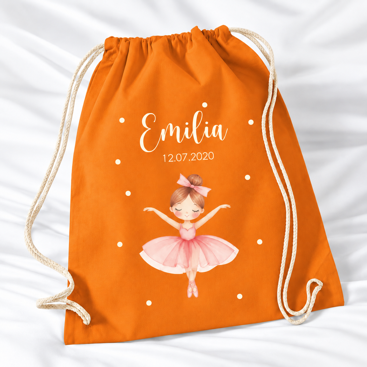 Personalisierter Ballerina-Turnbeutel in Orange mit Wunschname – Standard 140 g/m²