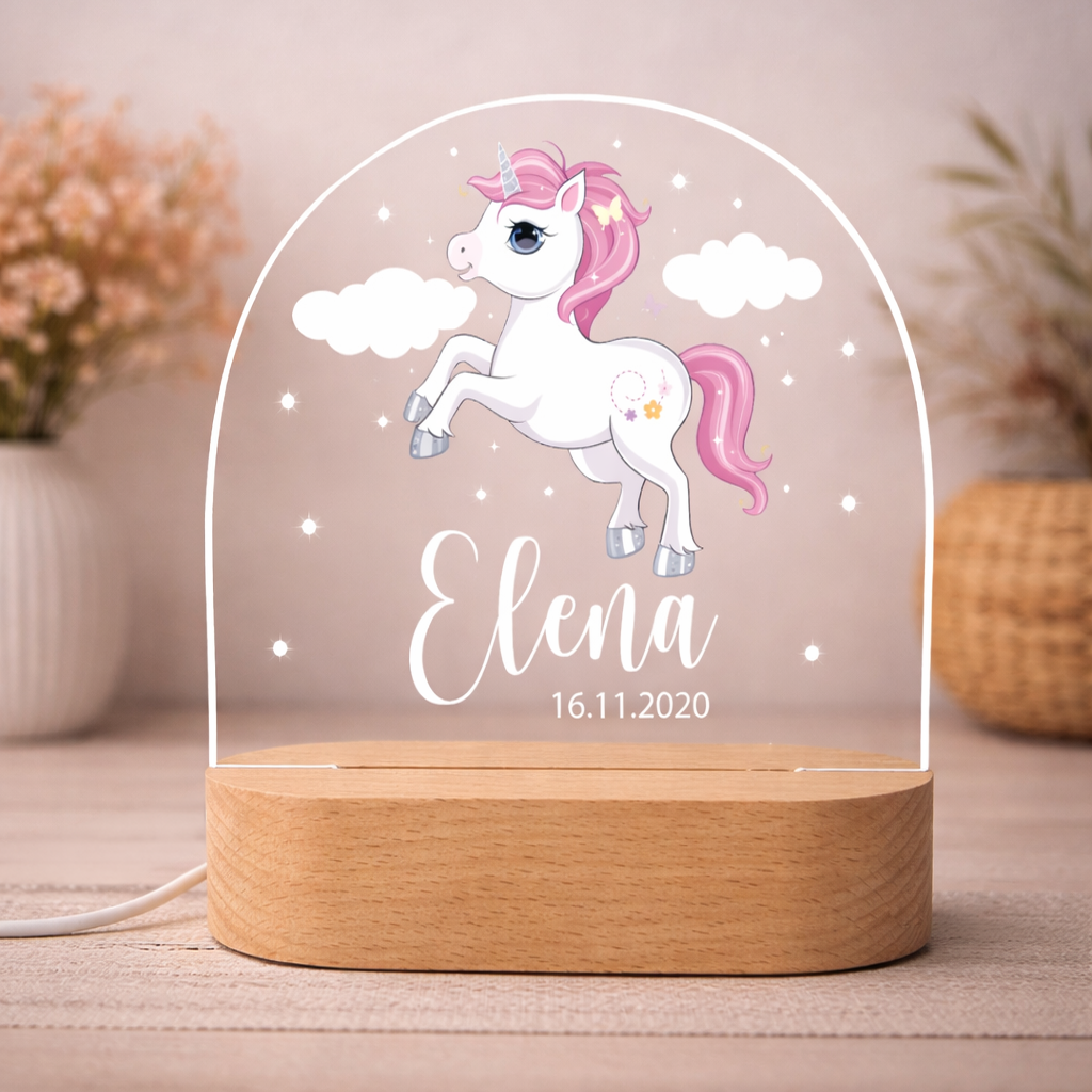 Personalisiertes Nachtlicht Einhorn aus Acryl mit Holzsockel