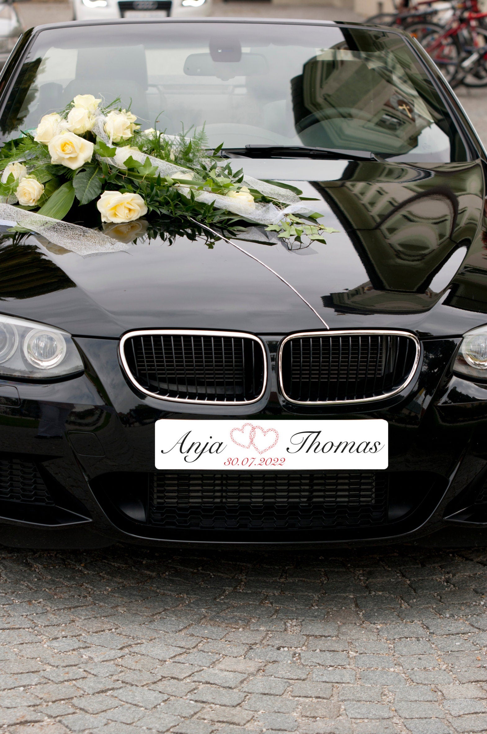 Hochzeitskennzeichen „Just Married“, personalisiert für Hochzeitsauto