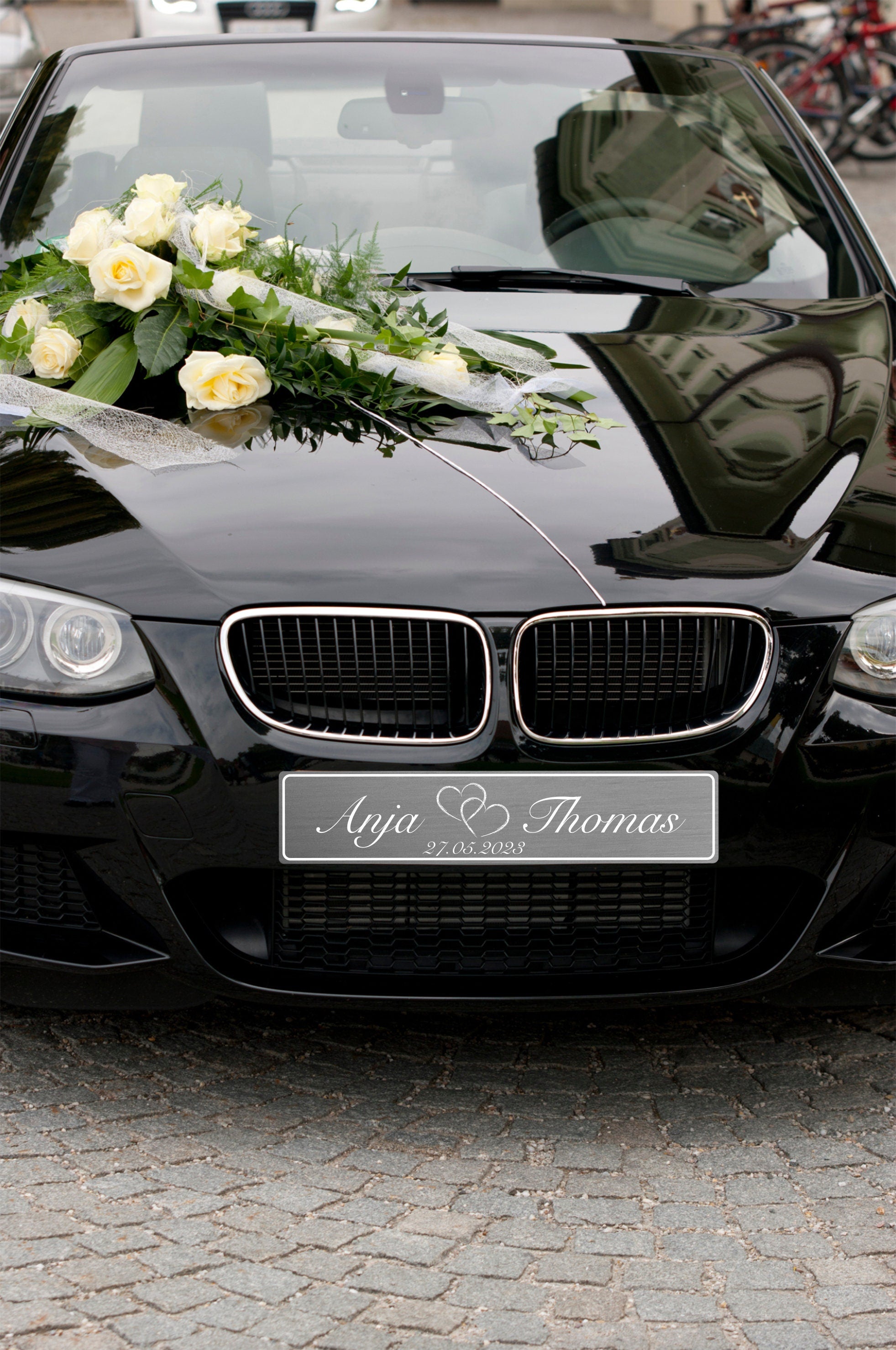 Hochzeitskennzeichen „Frisch verheiratet“ – Silber, personalisiert für Hochzeitsauto