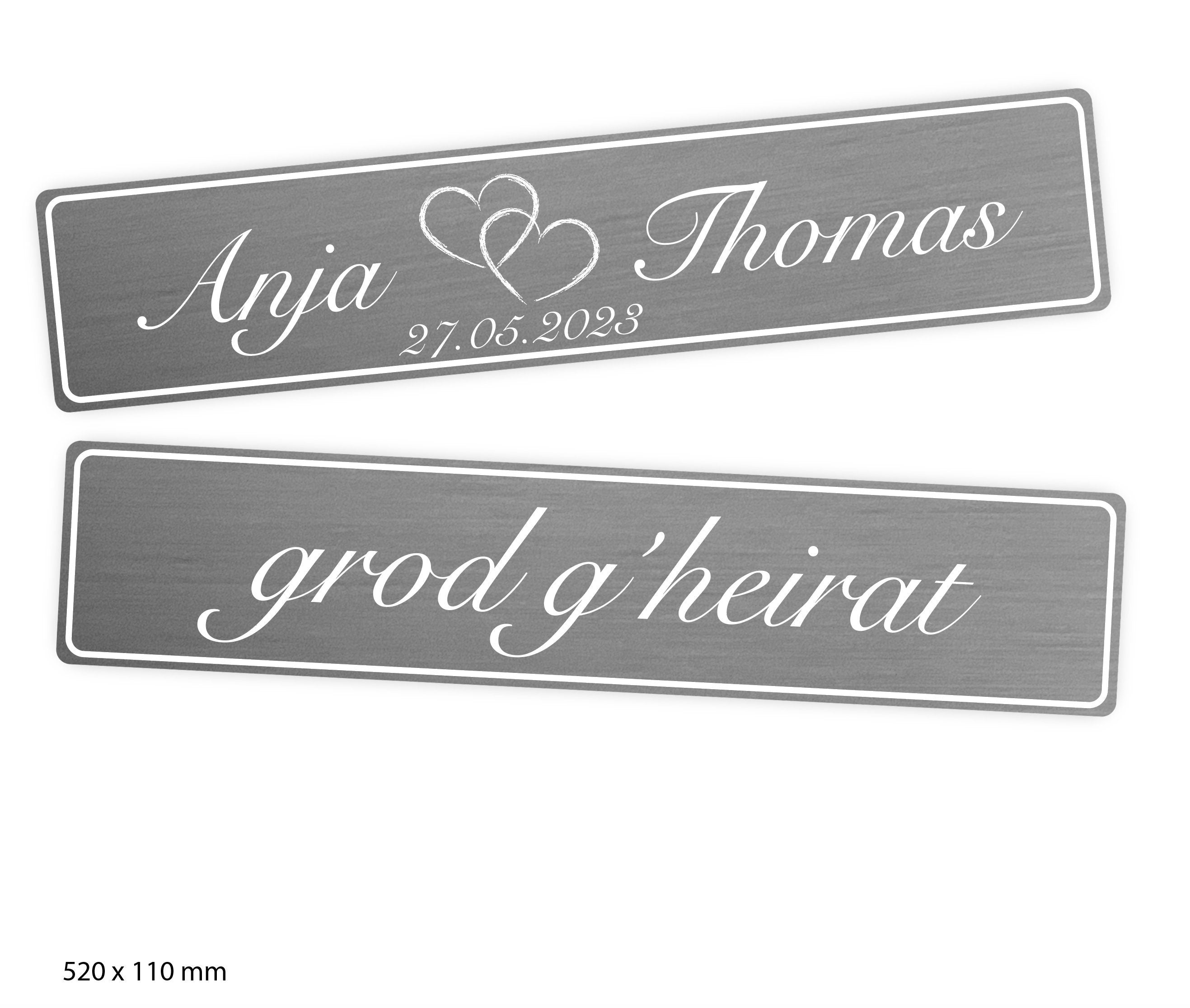 Hochzeitskennzeichen „Grod g'heirat“ – Silber, personalisiert für Hochzeitsauto
