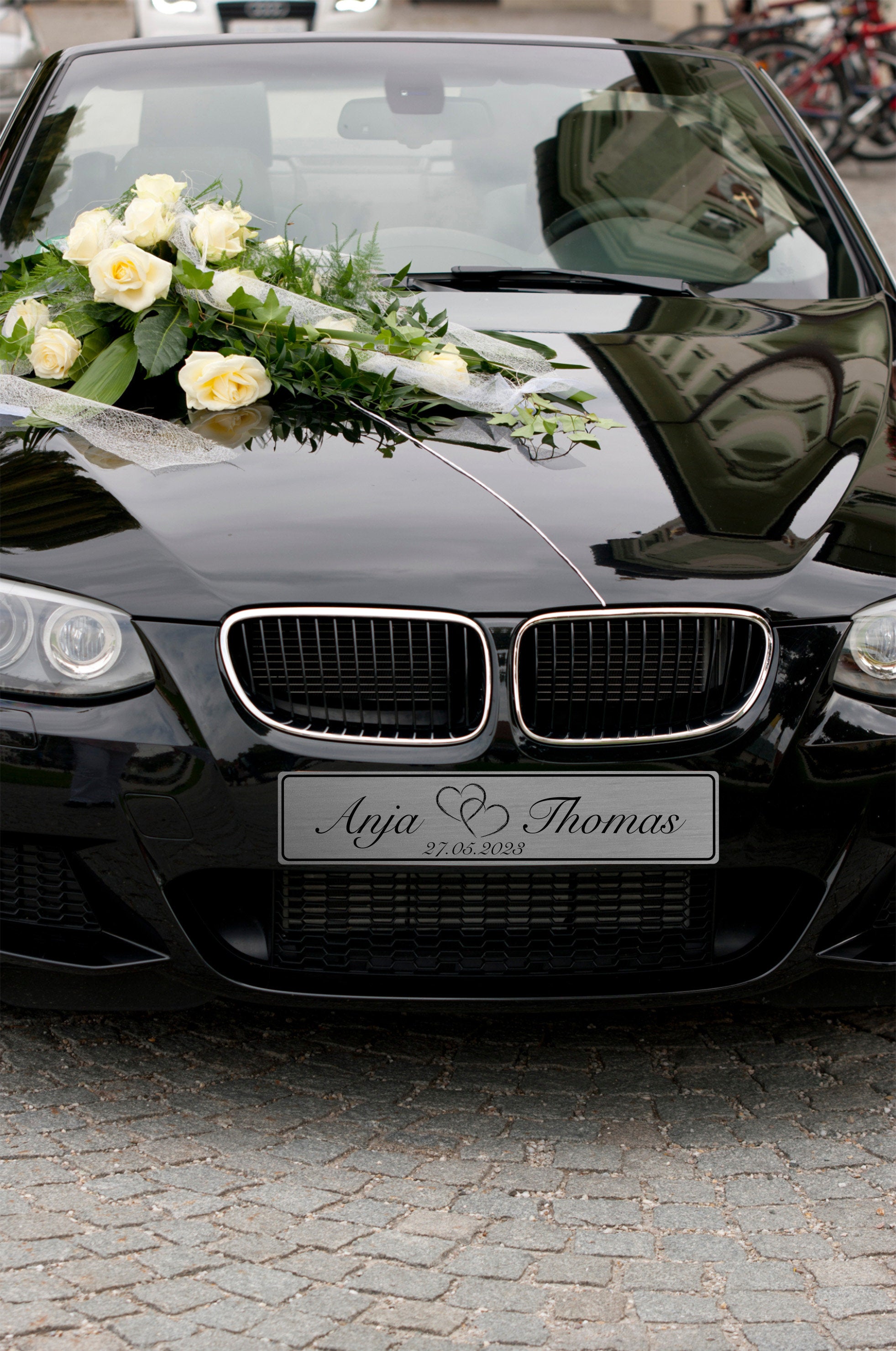 Hochzeitskennzeichen „Frisch verheiratet“ – Silber, personalisiert für Hochzeitsauto