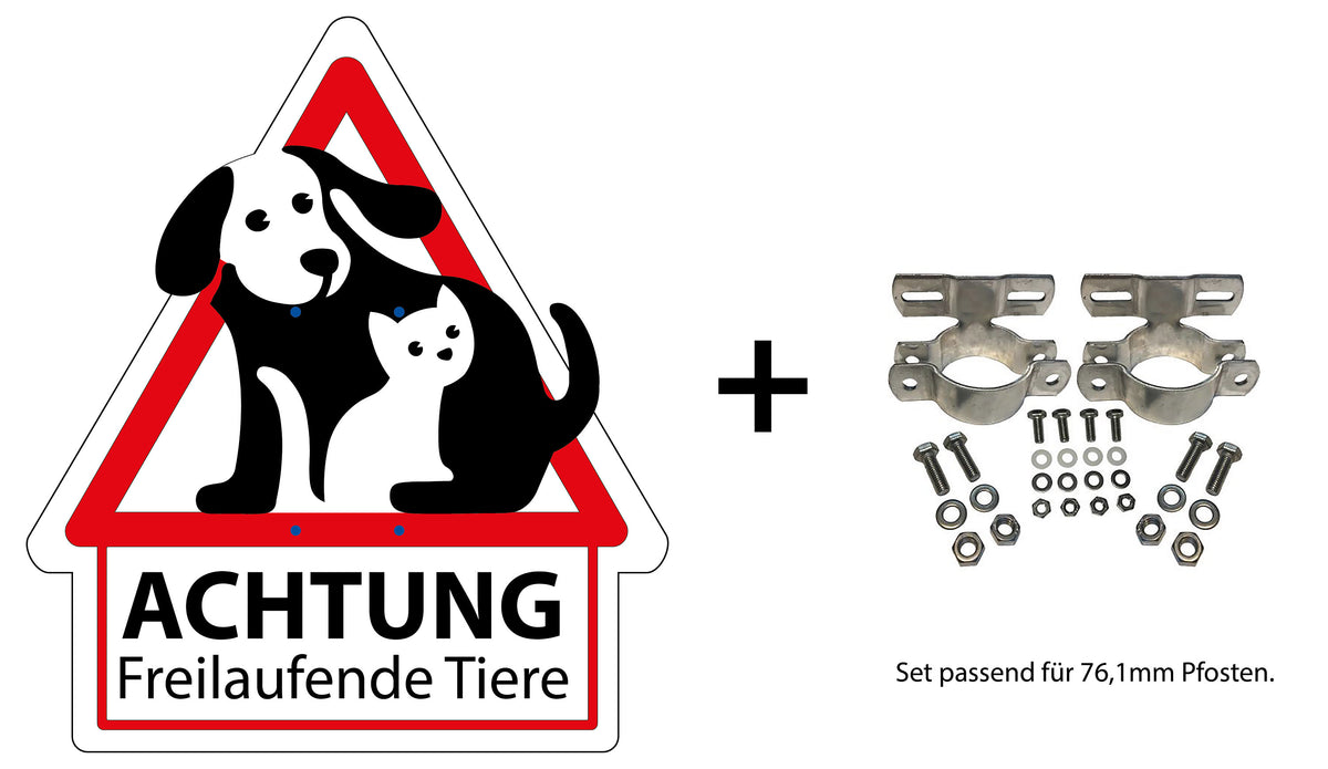 Mehrsprachiges Hinweisschild für freilaufende Tiere