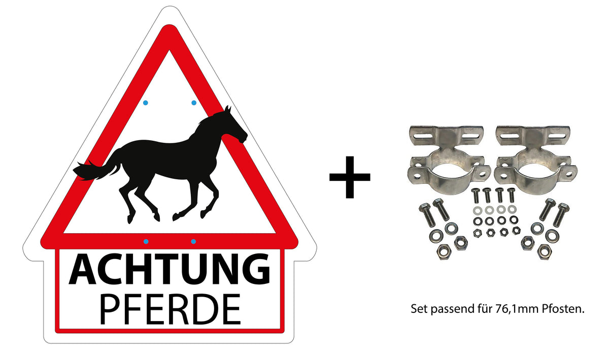 Warnschild Pferde mit Rohrschellen für Pfostenmontage