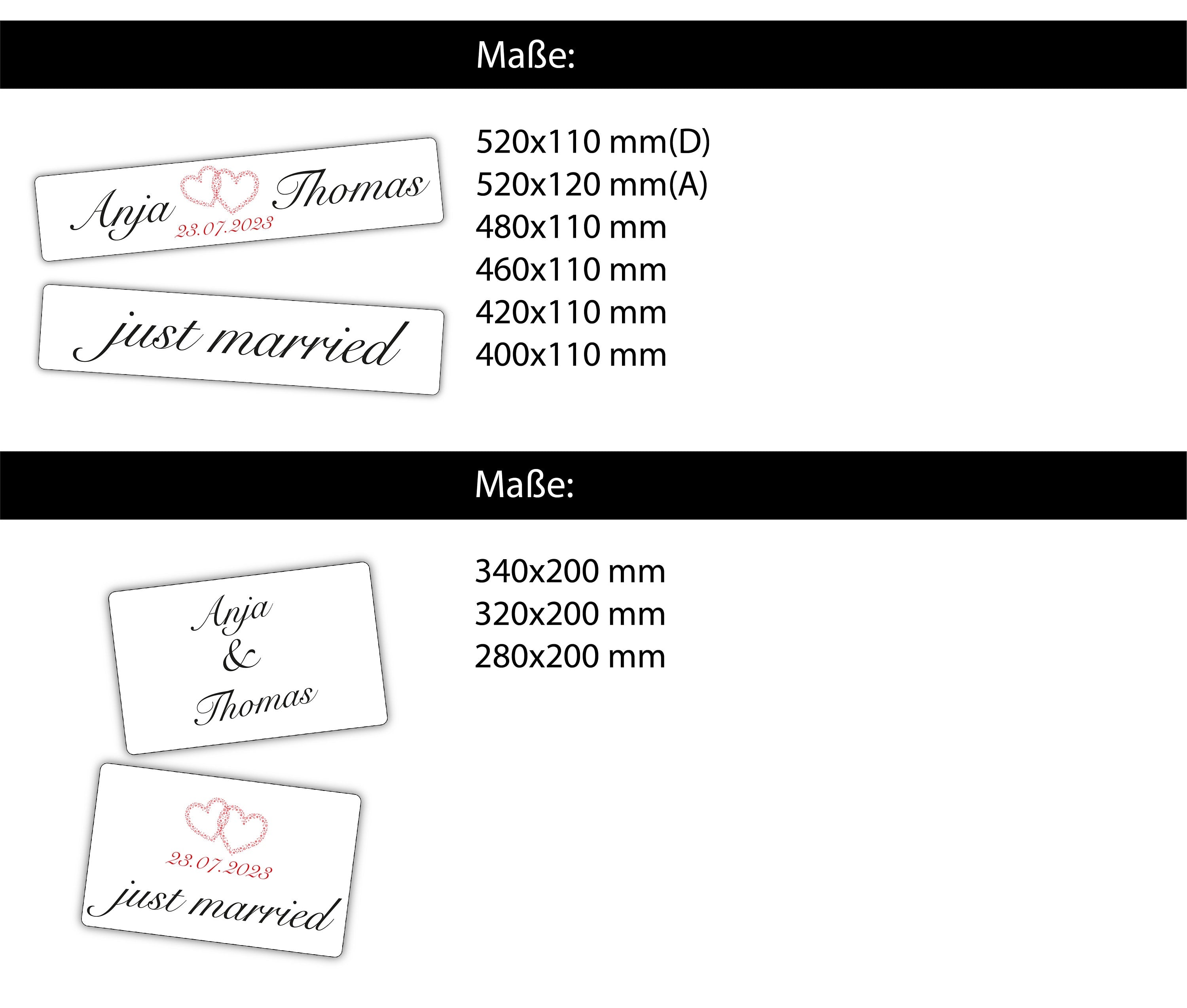 Hochzeitskennzeichen „Just Married“, personalisiert für Hochzeitsauto