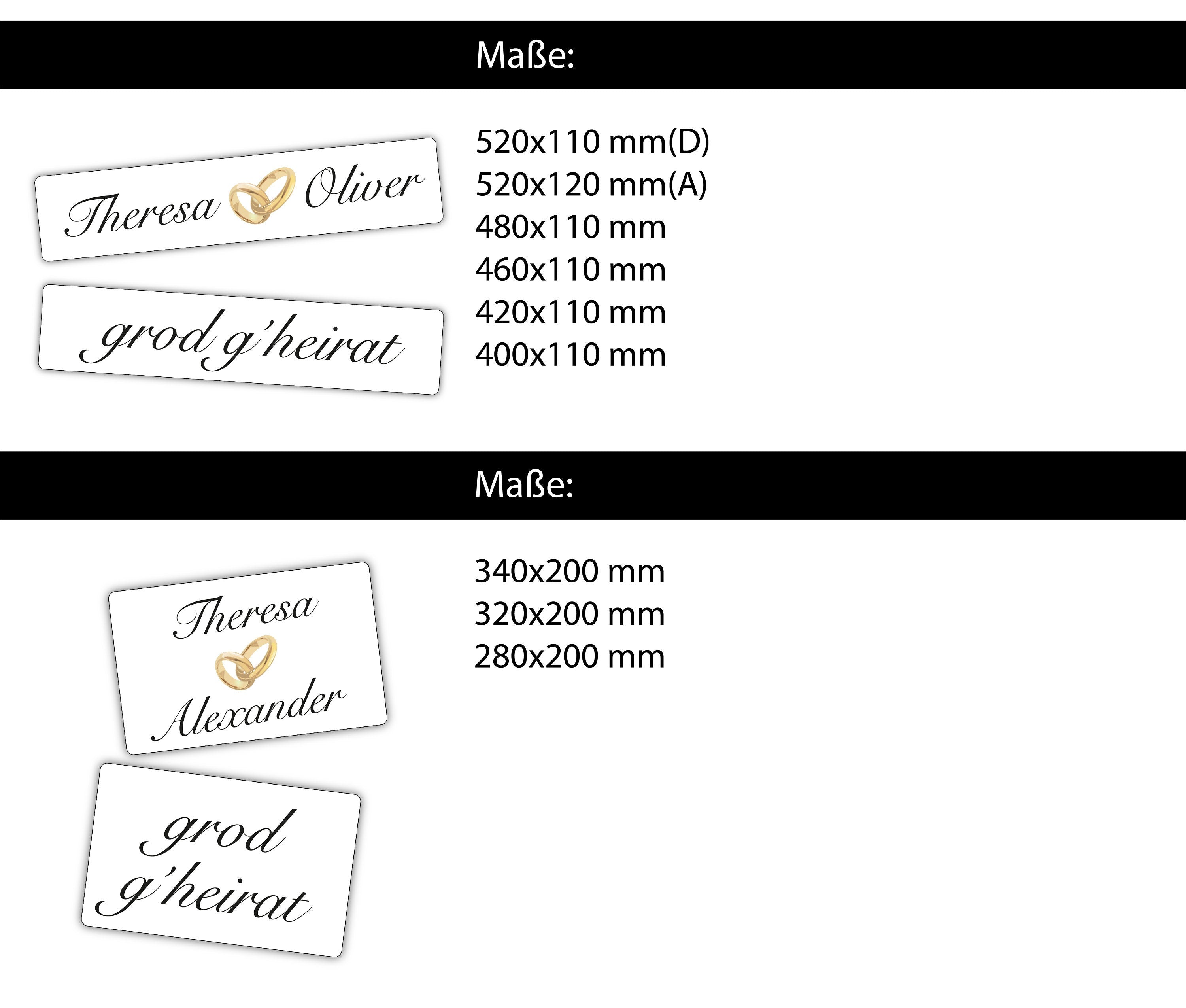 Hochzeitskennzeichen „Grod g'heirat“, personalisiert für Hochzeitsauto