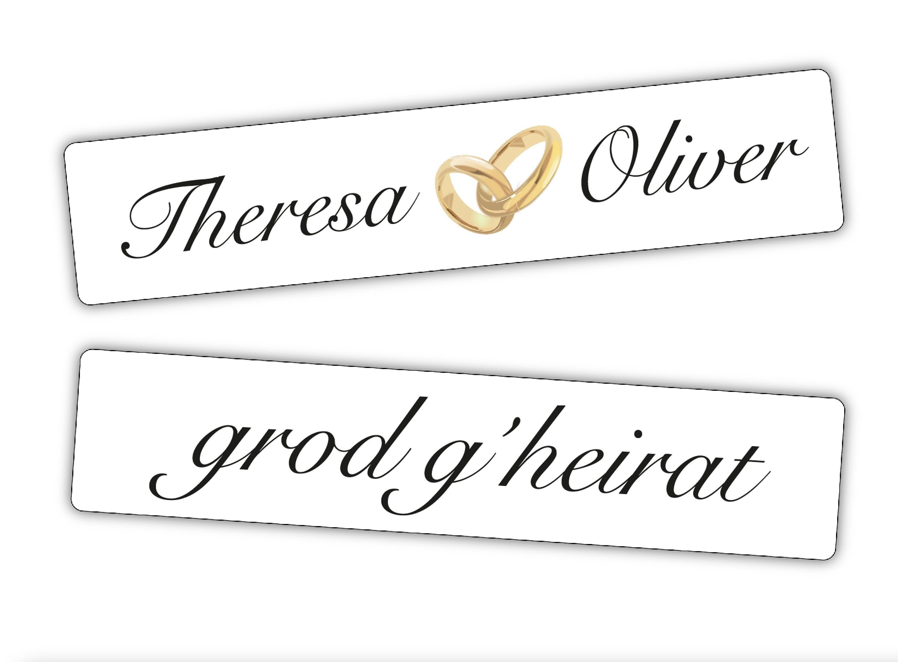 Hochzeitskennzeichen „Grod g'heirat“, personalisiert für Hochzeitsauto