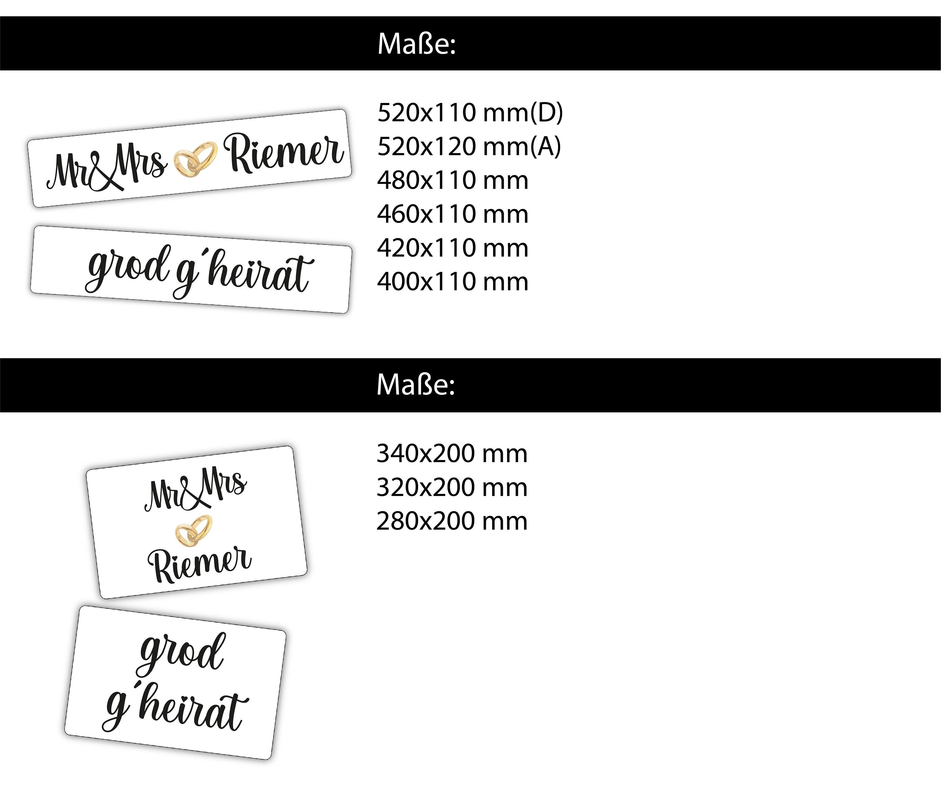 Hochzeitskennzeichen „Grod g'heirat“, personalisiert für Hochzeitsauto