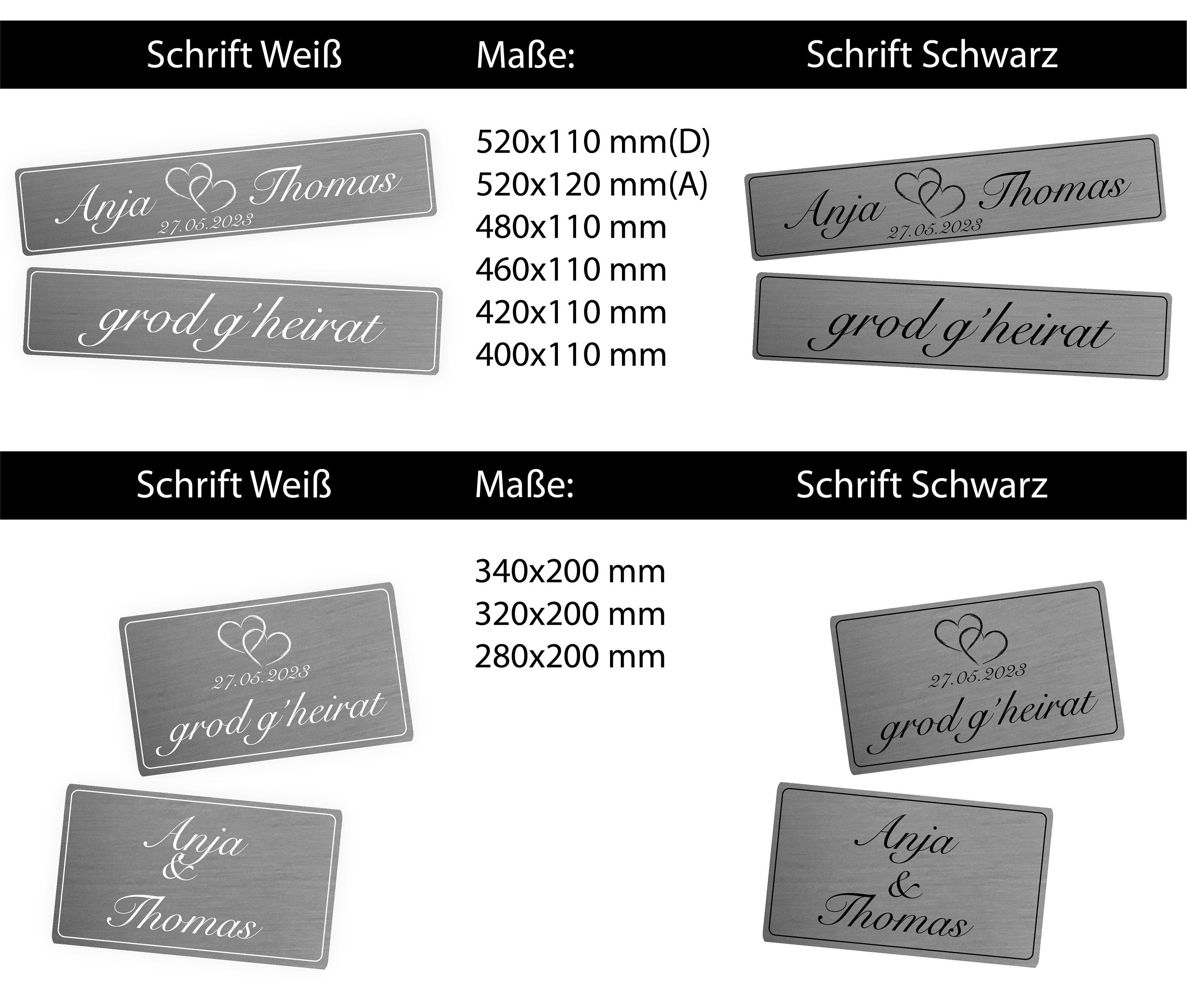 Hochzeitskennzeichen „Grod g'heirat“ – Silber, personalisiert für Hochzeitsauto