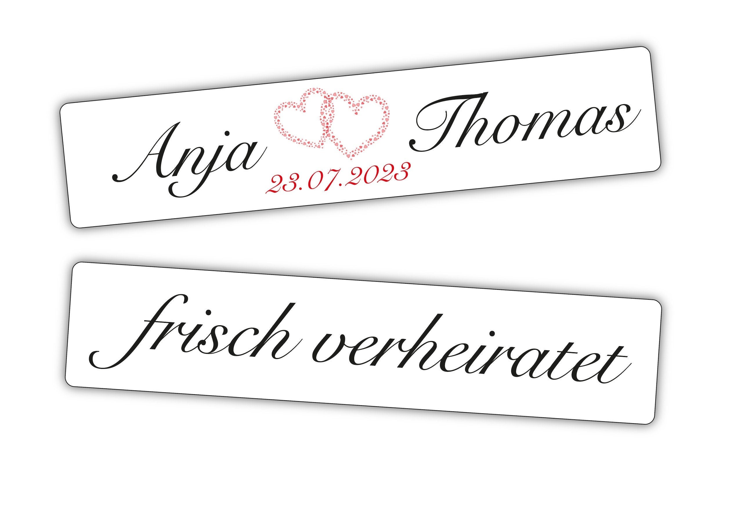 Hochzeitskennzeichen „Frisch verheiratet“, personalisiert für Hochzeitsauto