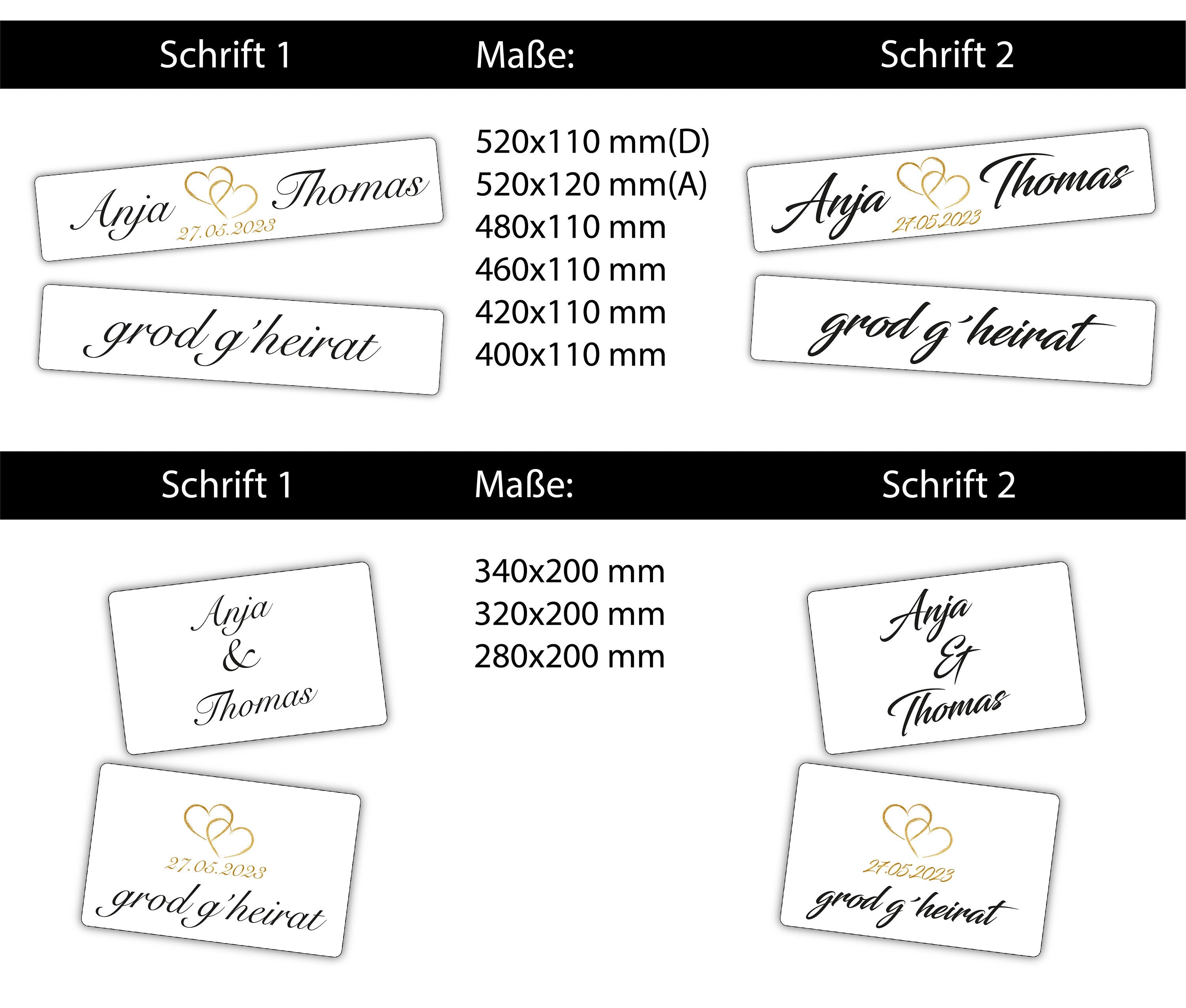 Hochzeitskennzeichen „Grod g'heirat“ – Herz Gold, personalisiert für Hochzeitsauto