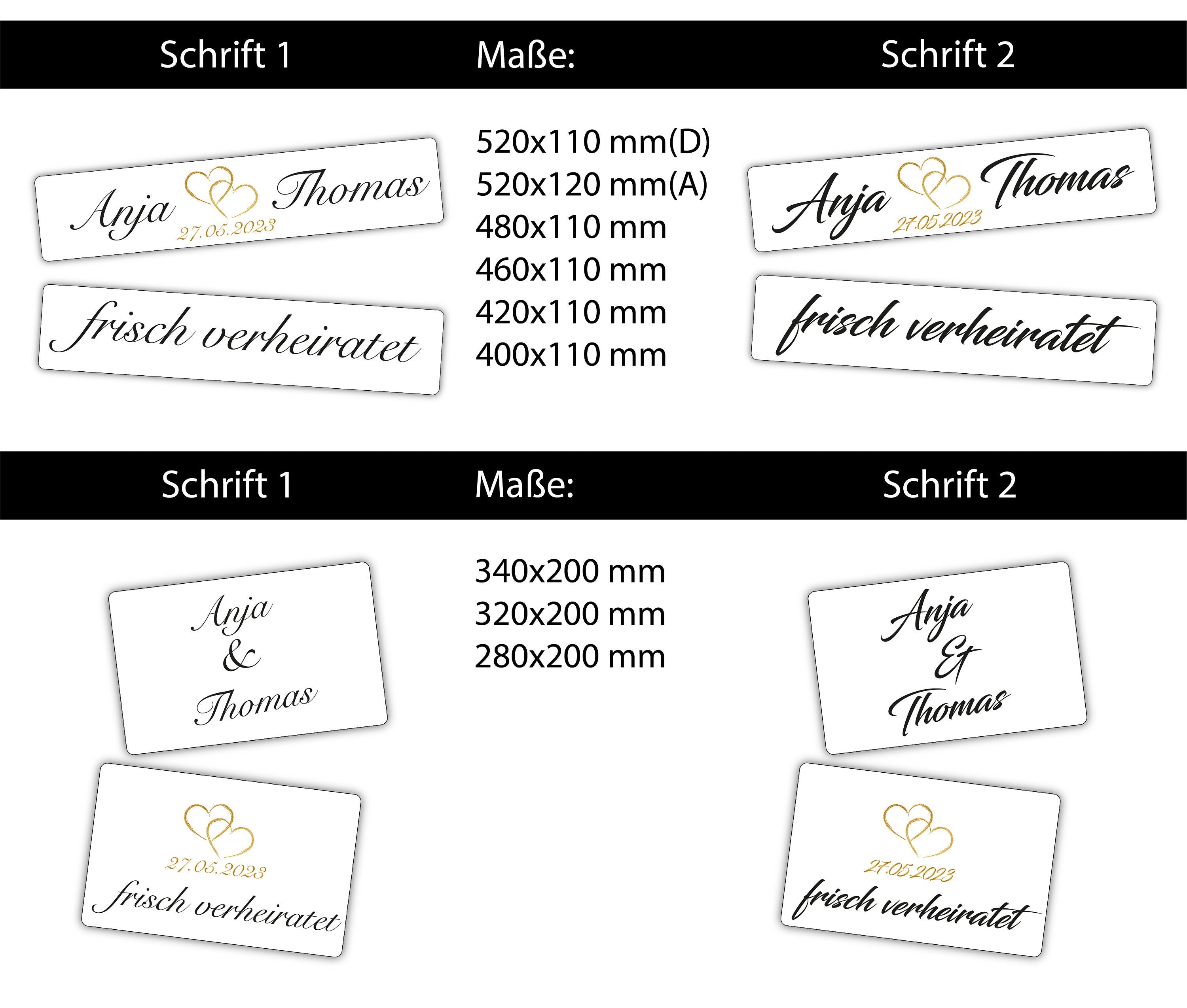 Hochzeitskennzeichen „Frisch verheiratet“ – Herz Gold, personalisiert für Hochzeitsauto