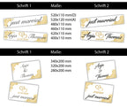 Hochzeitskennzeichen „Just Married“ – Blumen & Herz Gold, personalisiert für Hochzeitsauto
