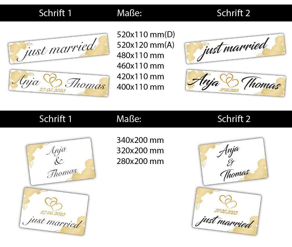 Hochzeitskennzeichen „Just Married“ – Blumen & Herz Gold, personalisiert für Hochzeitsauto