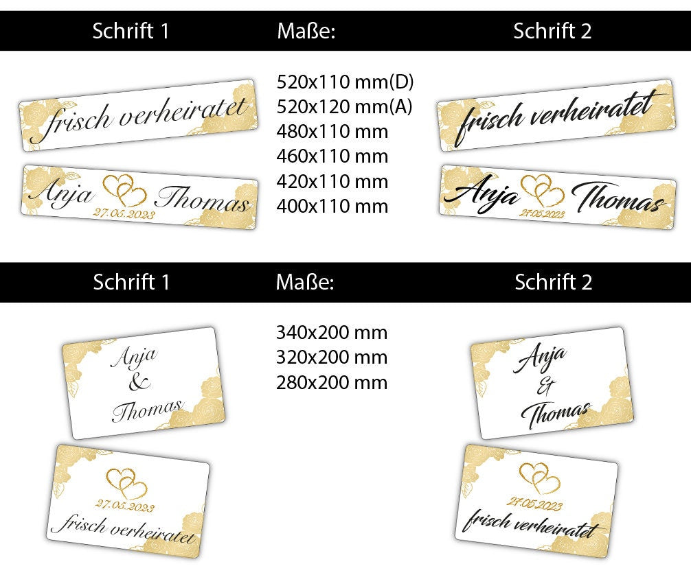 Hochzeitskennzeichen „Frisch verheiratet“ – Blumen & Herz Gold, personalisiert für Hochzeitsauto