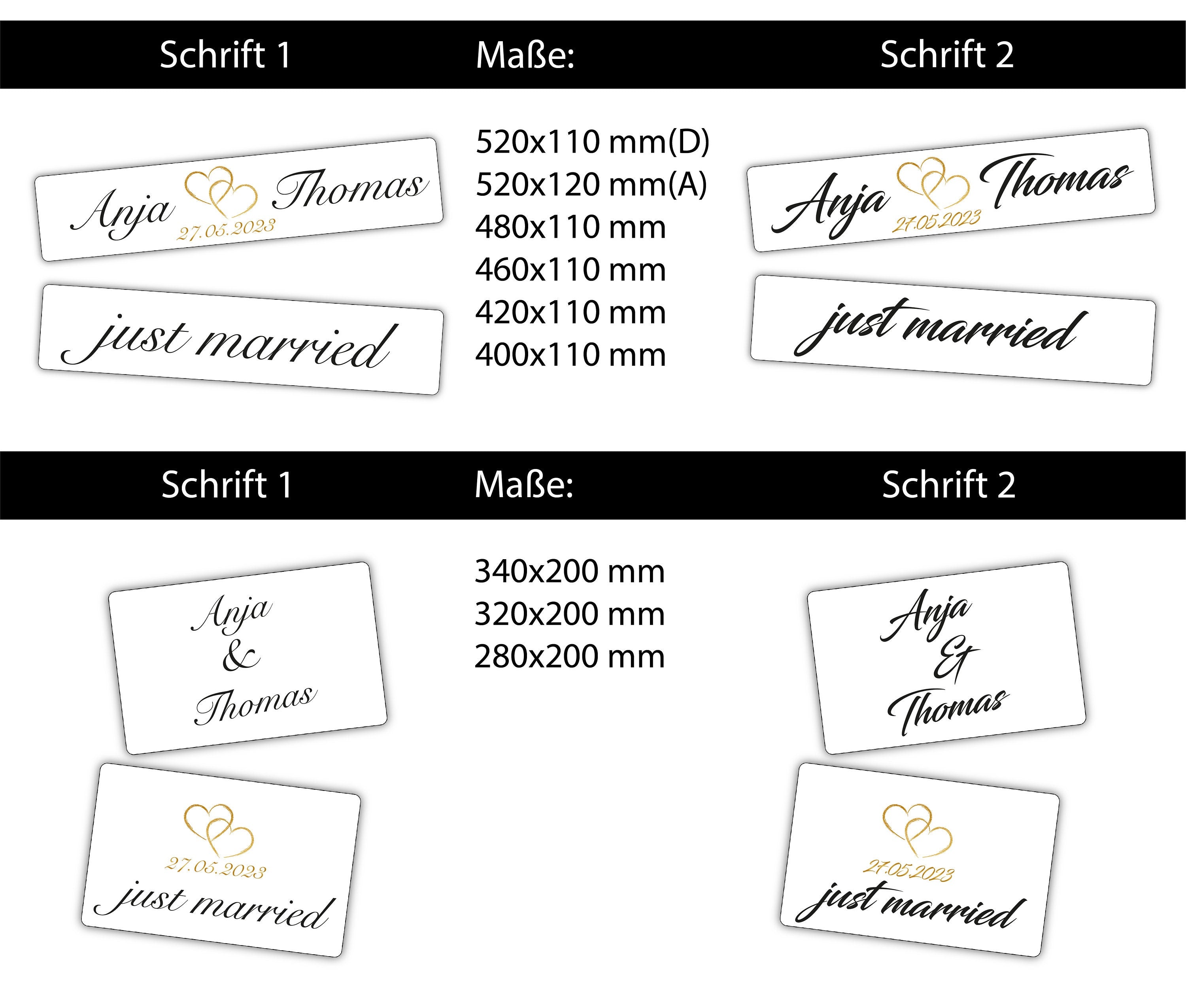 Hochzeitskennzeichen „Just Married“ – Herz Gold, personalisiert für Hochzeitsauto