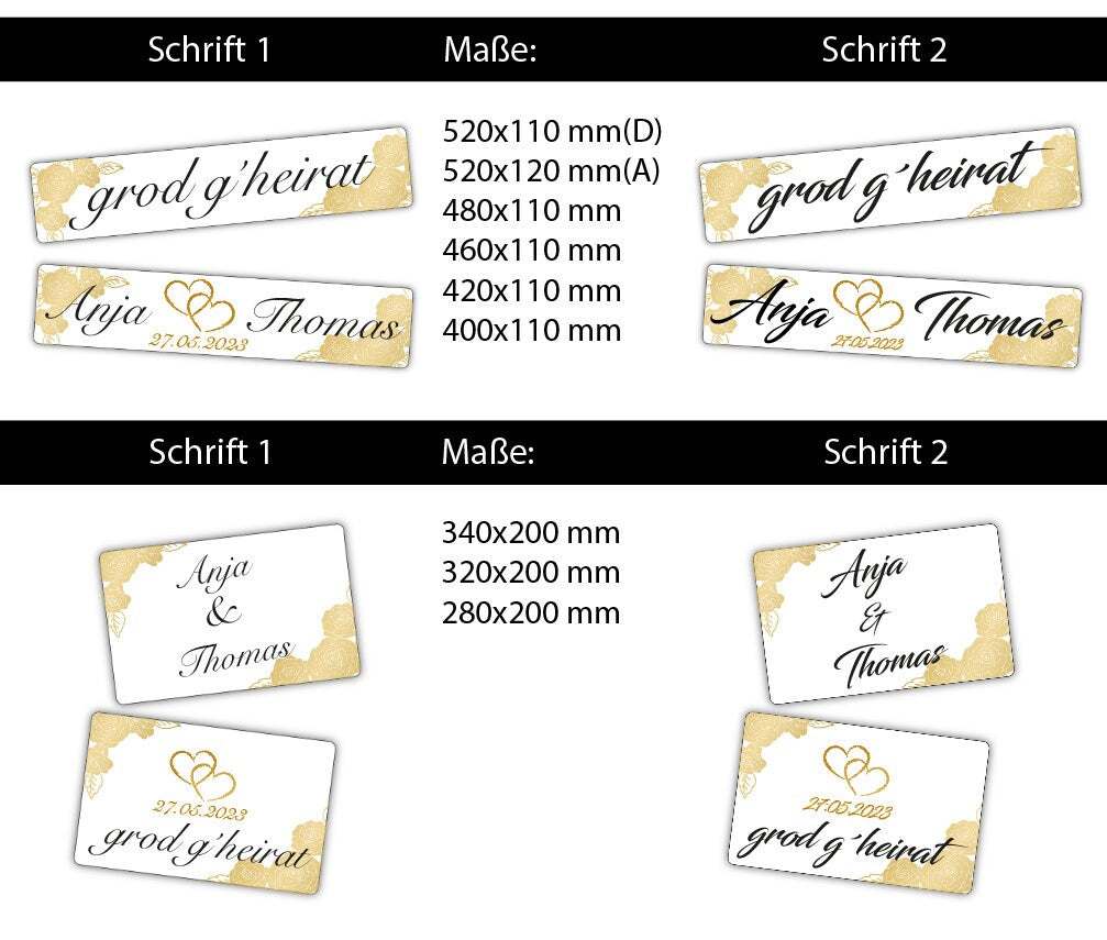 Hochzeitskennzeichen „Grod g'heirat“ – Blumen & Herz Gold, personalisiert für Hochzeitsauto