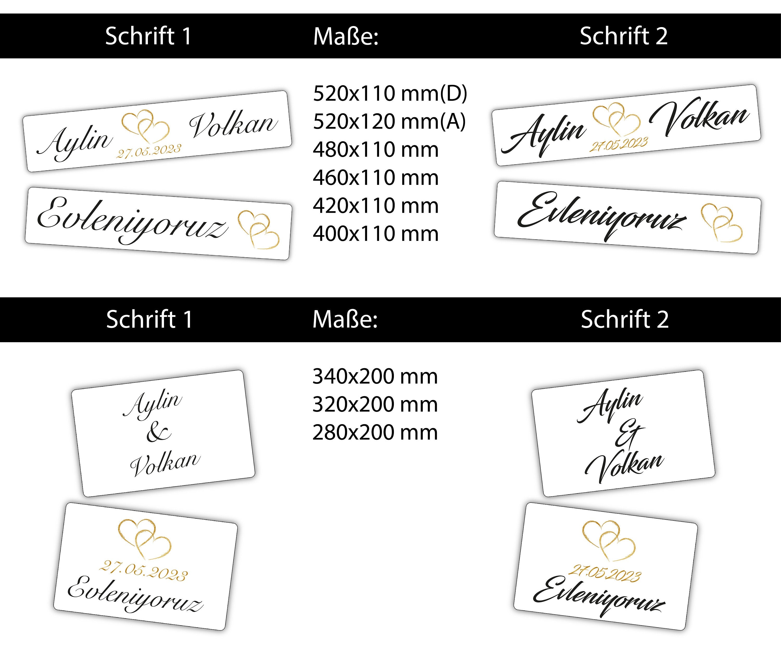 Hochzeitskennzeichen – Herz Gold, personalisiert für Hochzeitsauto