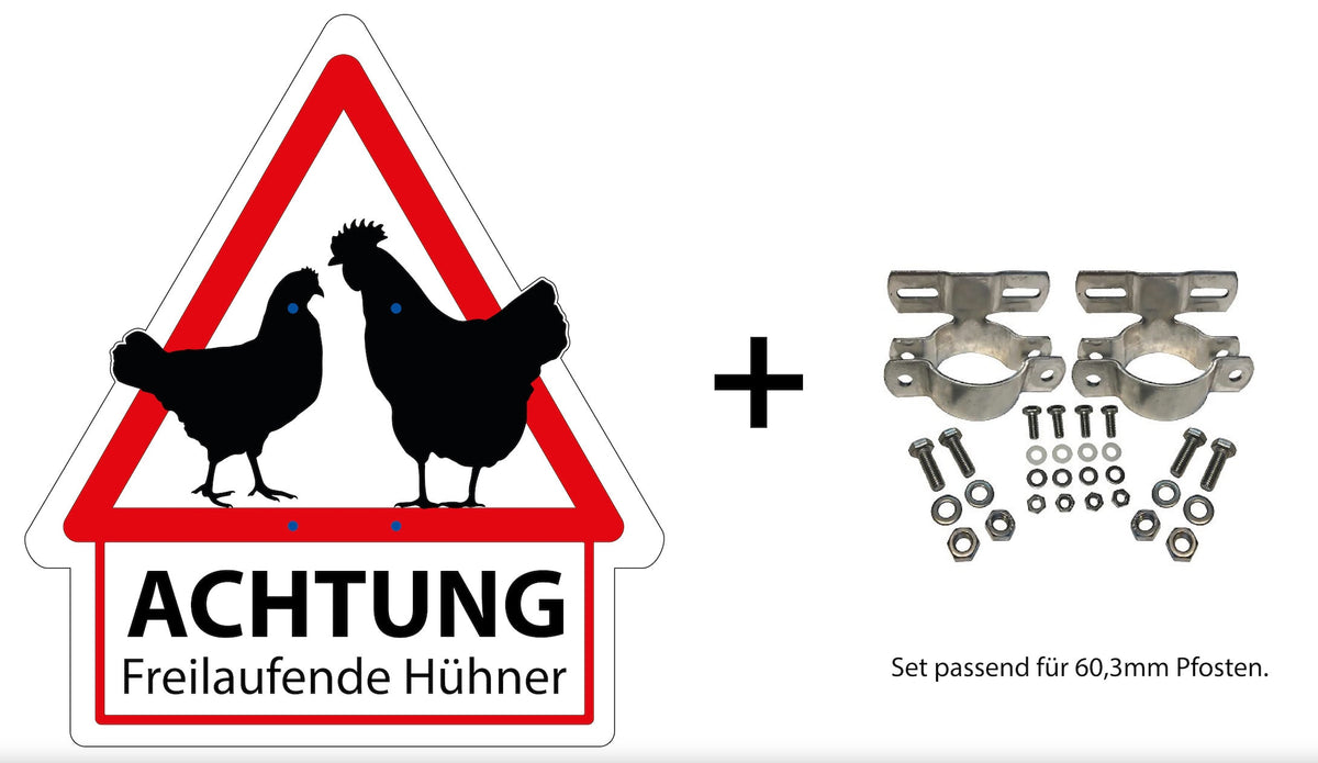 Warnschild Hühner mit optionaler Pfostenbefestigung