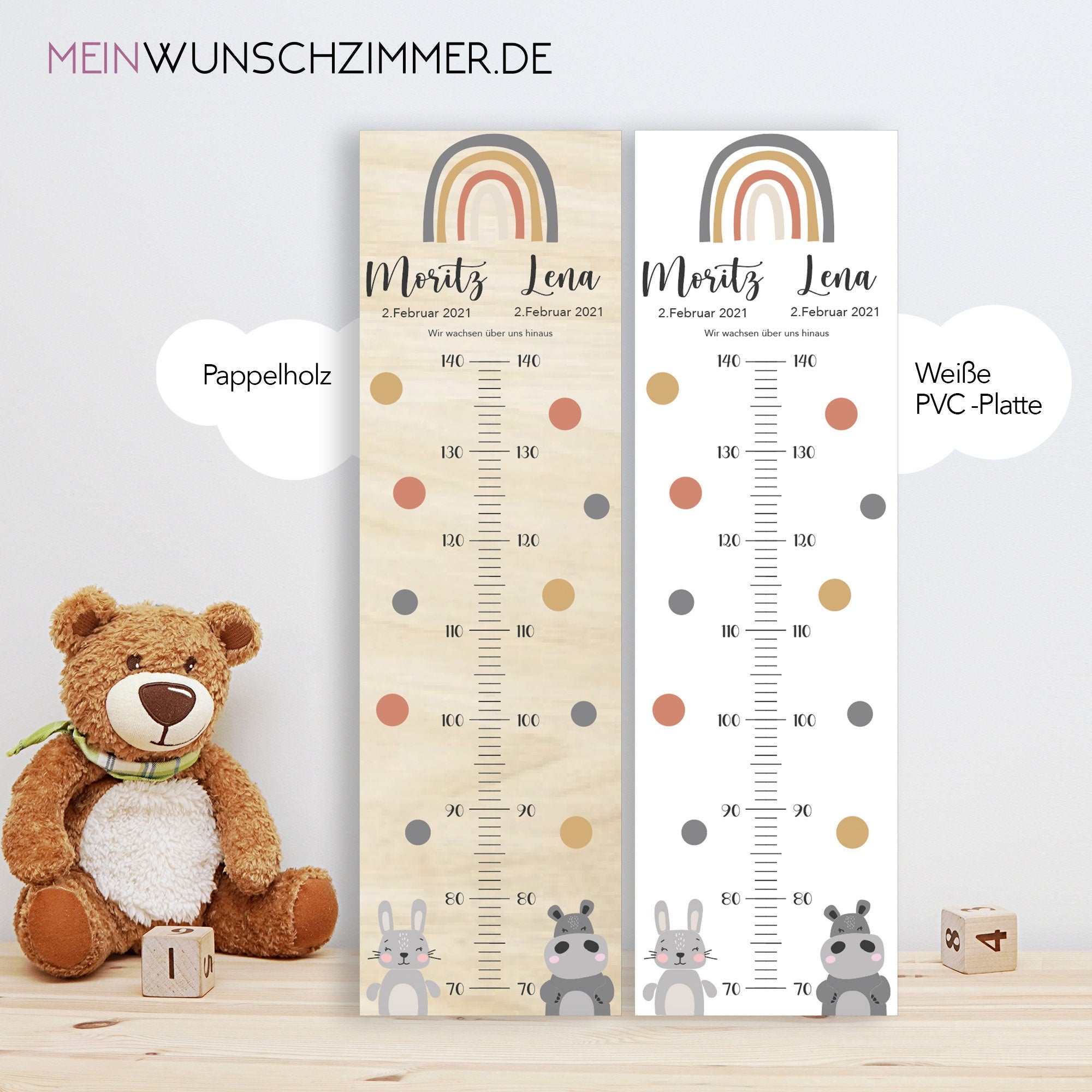 Geschwister Messlatte Hase-Nilpferd, Kinder 70-140cm, Zwillinge, Messlatte Kinder Holz, Taufgeschenk, Personalisiert, Kinderzimmer, Geburt