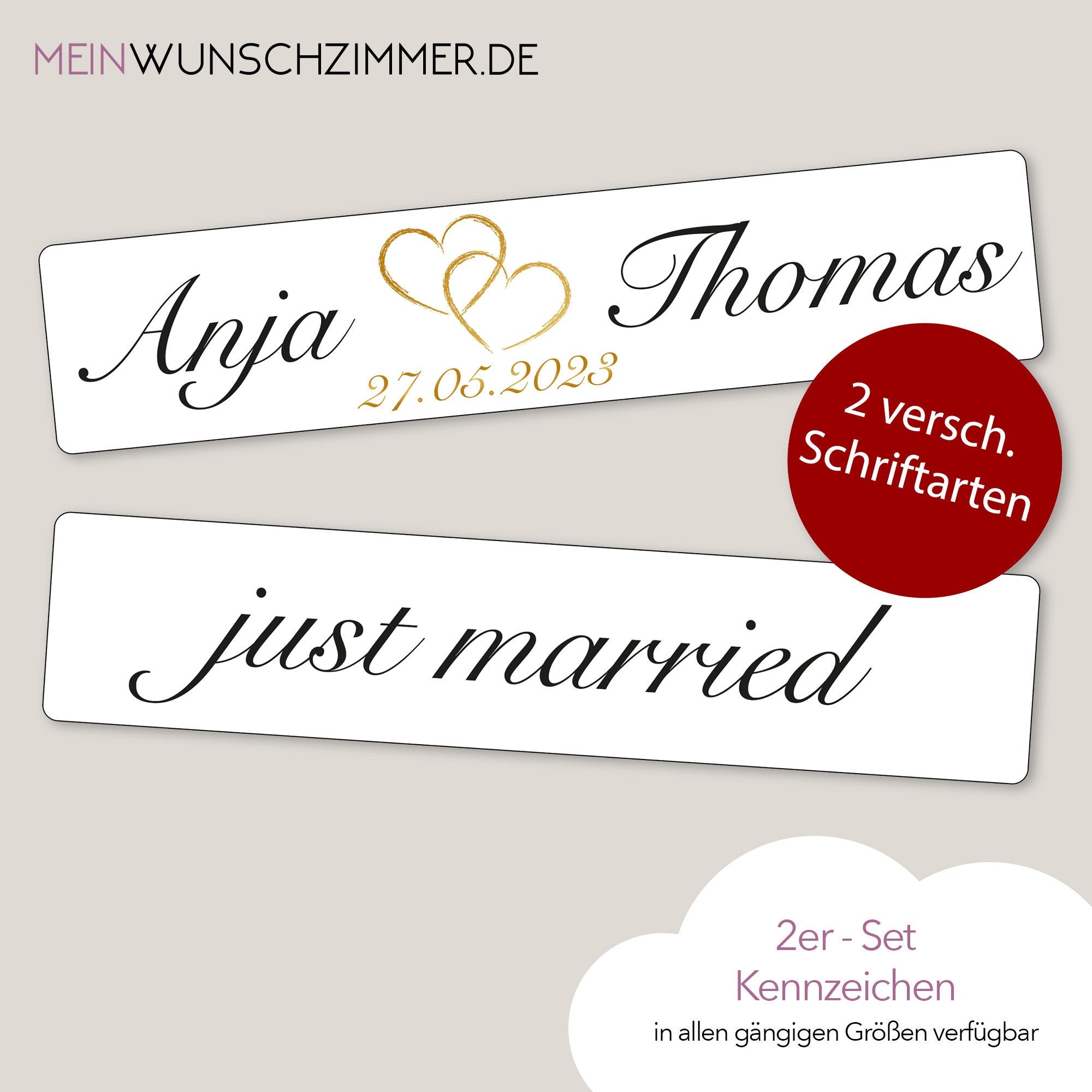 Hochzeitskennzeichen „Just Married“ – Herz Gold, personalisiert für Hochzeitsauto
