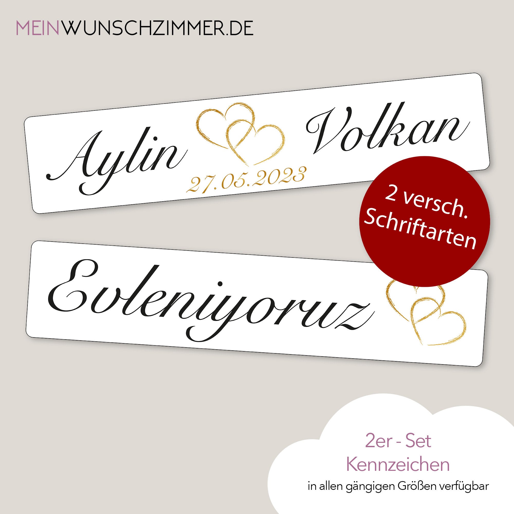 Hochzeitskennzeichen – Herz Gold, personalisiert für Hochzeitsauto