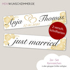 Hochzeitskennzeichen „Just Married“ – Blumen & Herz Gold, personalisiert für Hochzeitsauto