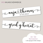 Hochzeitskennzeichen „Grod g'heirat“ – Herz, personalisiert für Hochzeitsauto