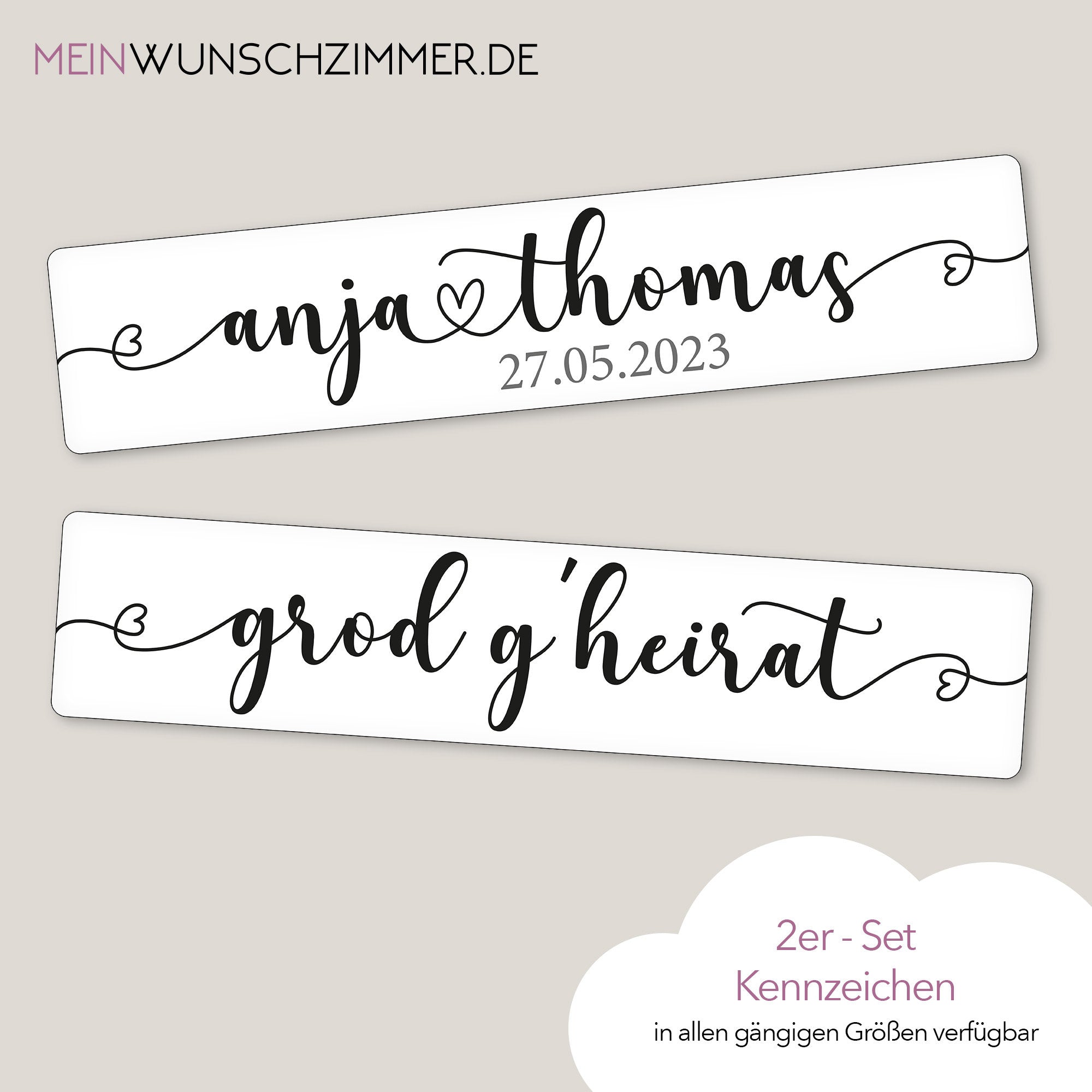 Hochzeitskennzeichen „Grod g'heirat“ – Herz, personalisiert für Hochzeitsauto