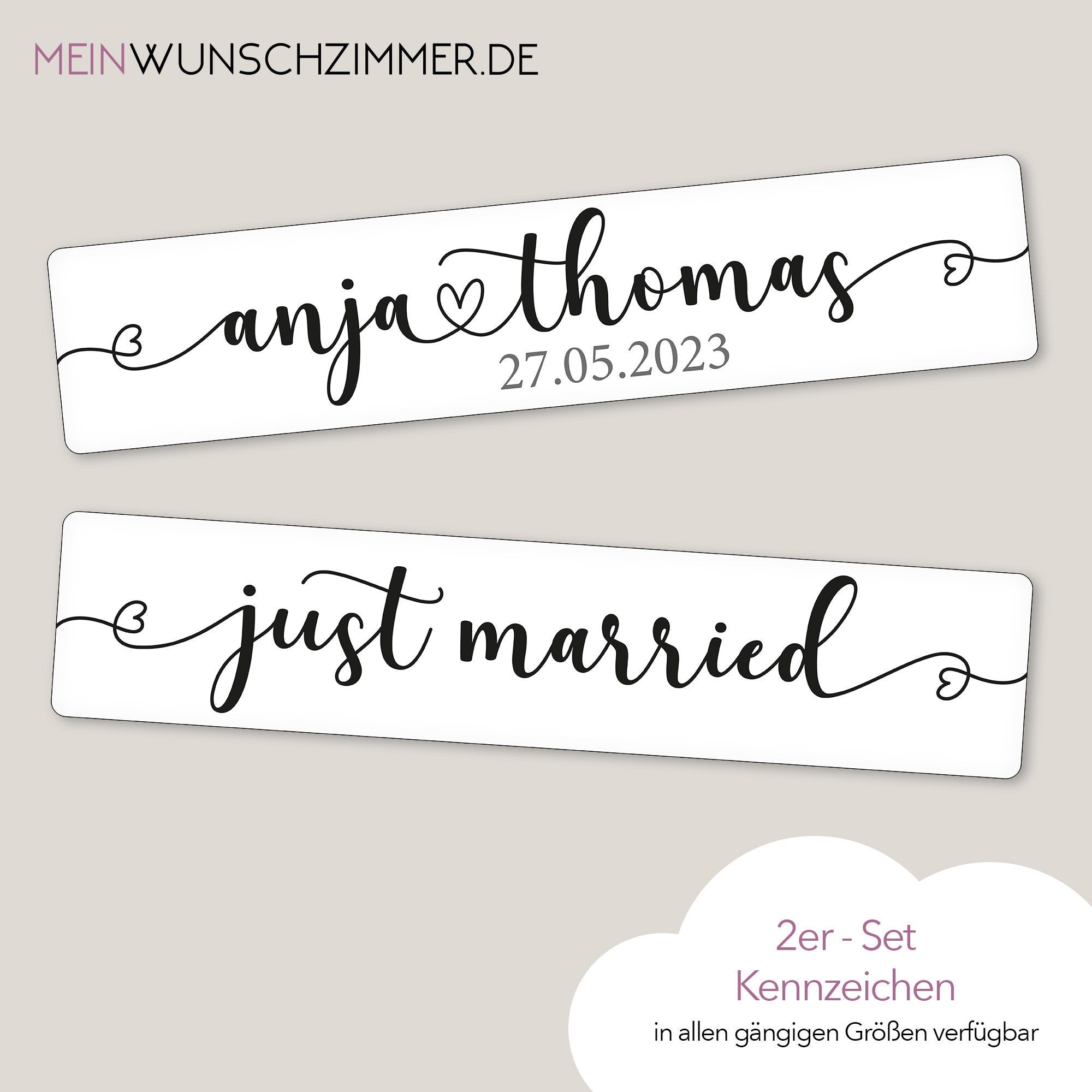 Hochzeitskennzeichen „Just Married“ – Herz, personalisiert für Hochzeitsauto