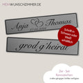 Hochzeitskennzeichen „Grod g'heirat“ – Silber, personalisiert für Hochzeitsauto