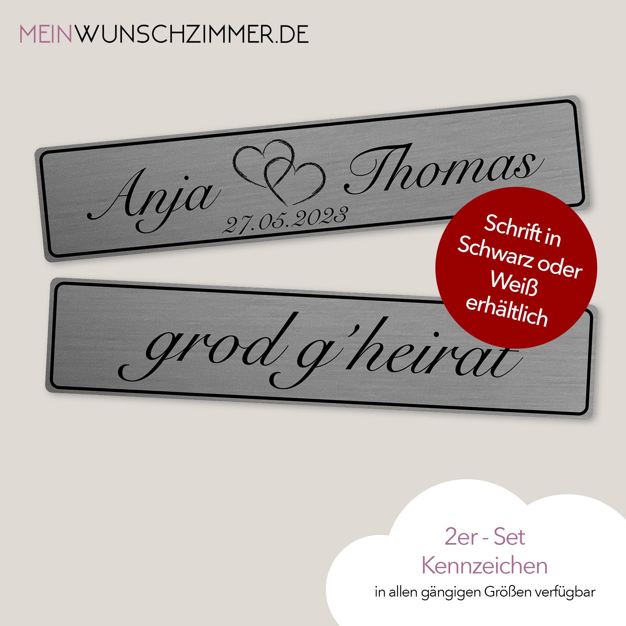 Hochzeitskennzeichen „Grod g'heirat“ – Silber, personalisiert für Hochzeitsauto