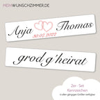 Hochzeitskennzeichen „Grod g'heirat“, personalisiert für Hochzeitsauto