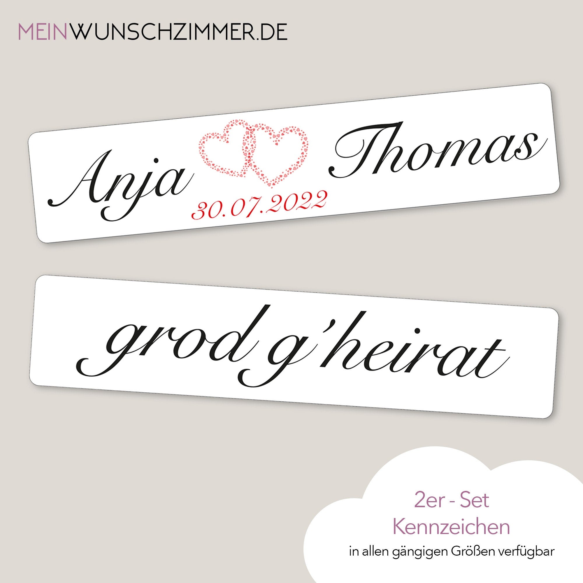 Hochzeitskennzeichen „Grod g'heirat“, personalisiert für Hochzeitsauto