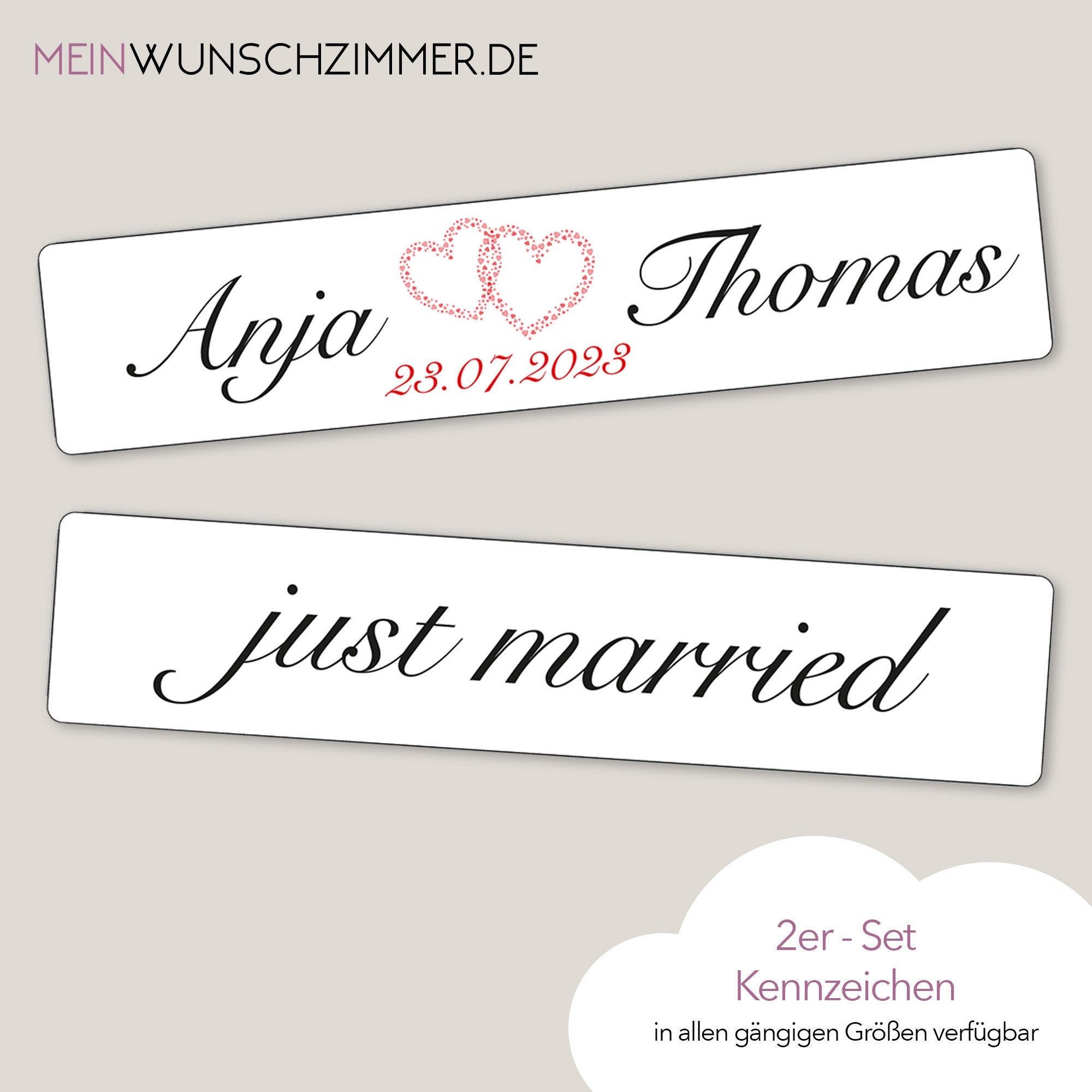 Hochzeitskennzeichen „Just Married“, personalisiert für Hochzeitsauto