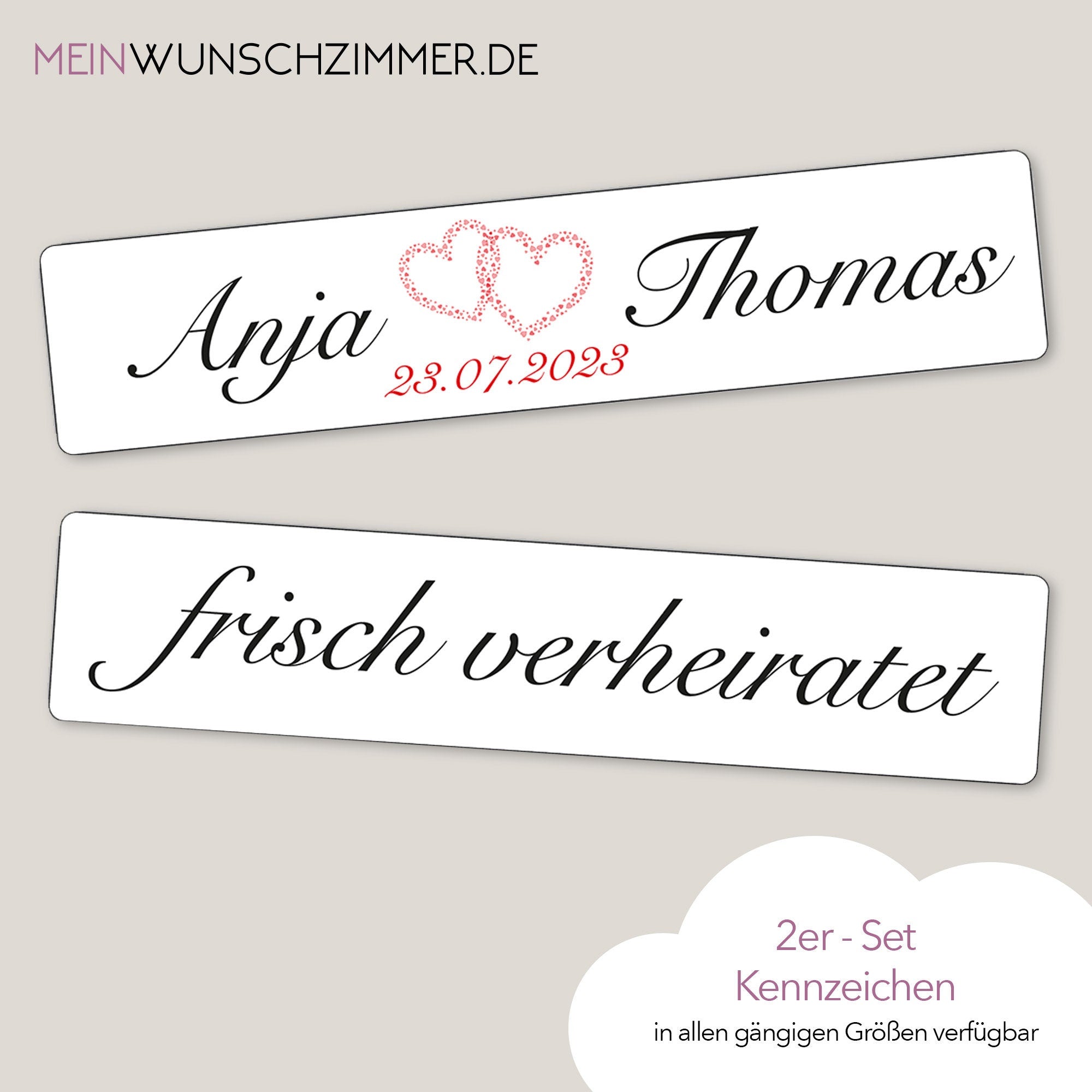 Hochzeitskennzeichen „Frisch verheiratet“, personalisiert für Hochzeitsauto