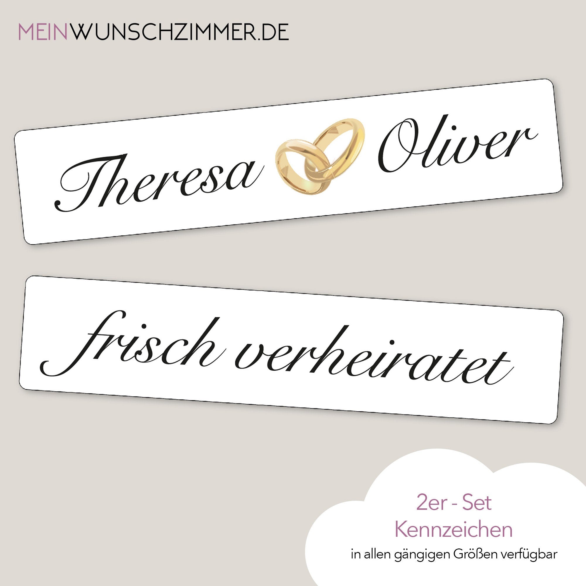 Hochzeitskennzeichen „Frisch verheiratet“, personalisiert für Hochzeitsauto