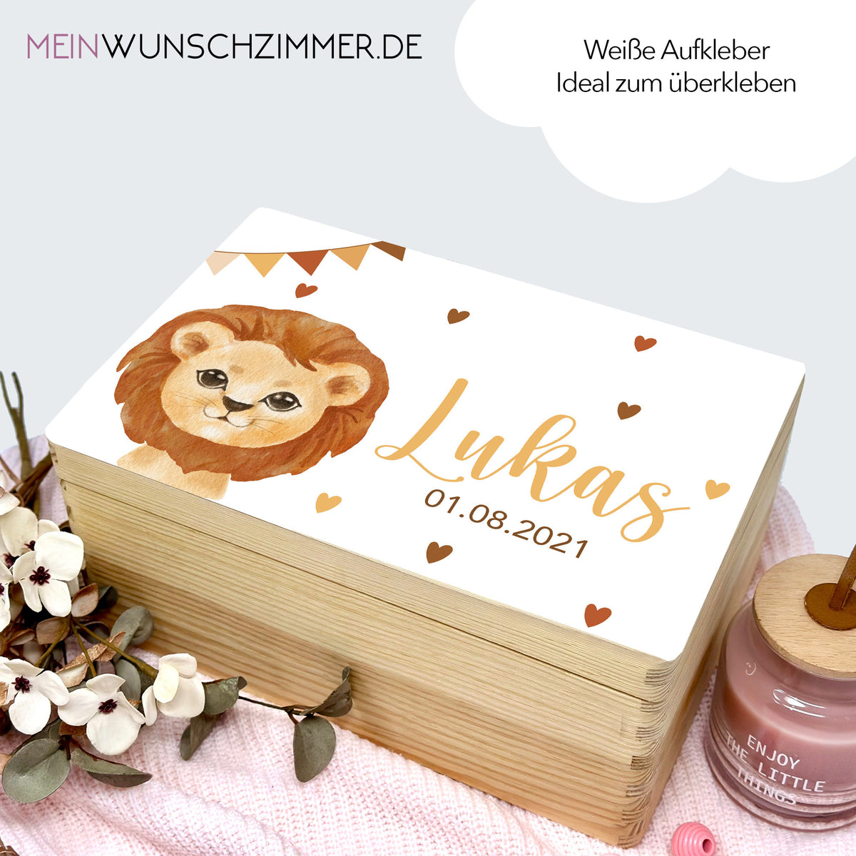 Personalisierter Erinnerungsbox-Aufkleber – Motiv Löwe