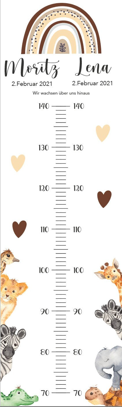 Geschwister Messlatte Afrikatiere Kinder 70-140cm, Zwillinge, Messlatte Holz, Baby, Taufgeschenk, Personalisiert, Kinderzimmer, Geburt