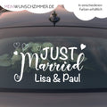Hochzeitsauto-Aufkleber „Just Married Herz“ mit Namen & Datum für die Heckscheibe