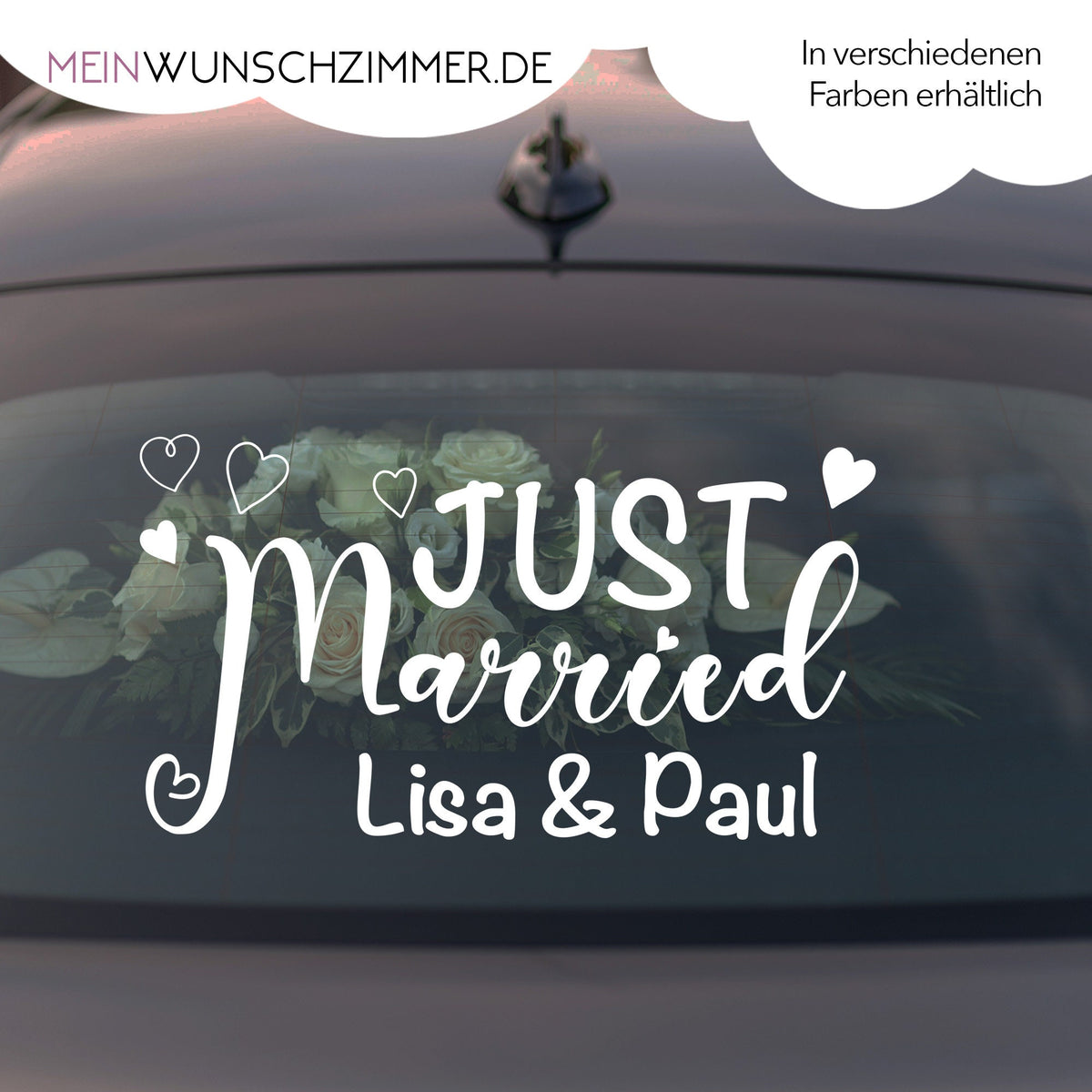 Hochzeitsauto-Aufkleber „Just Married Herz“ mit Namen & Datum für die Heckscheibe