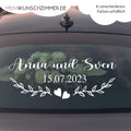 Hochzeitsauto-Aufkleber „Just Married“ mit Namen & Datum – Design 1 für die Heckscheibe