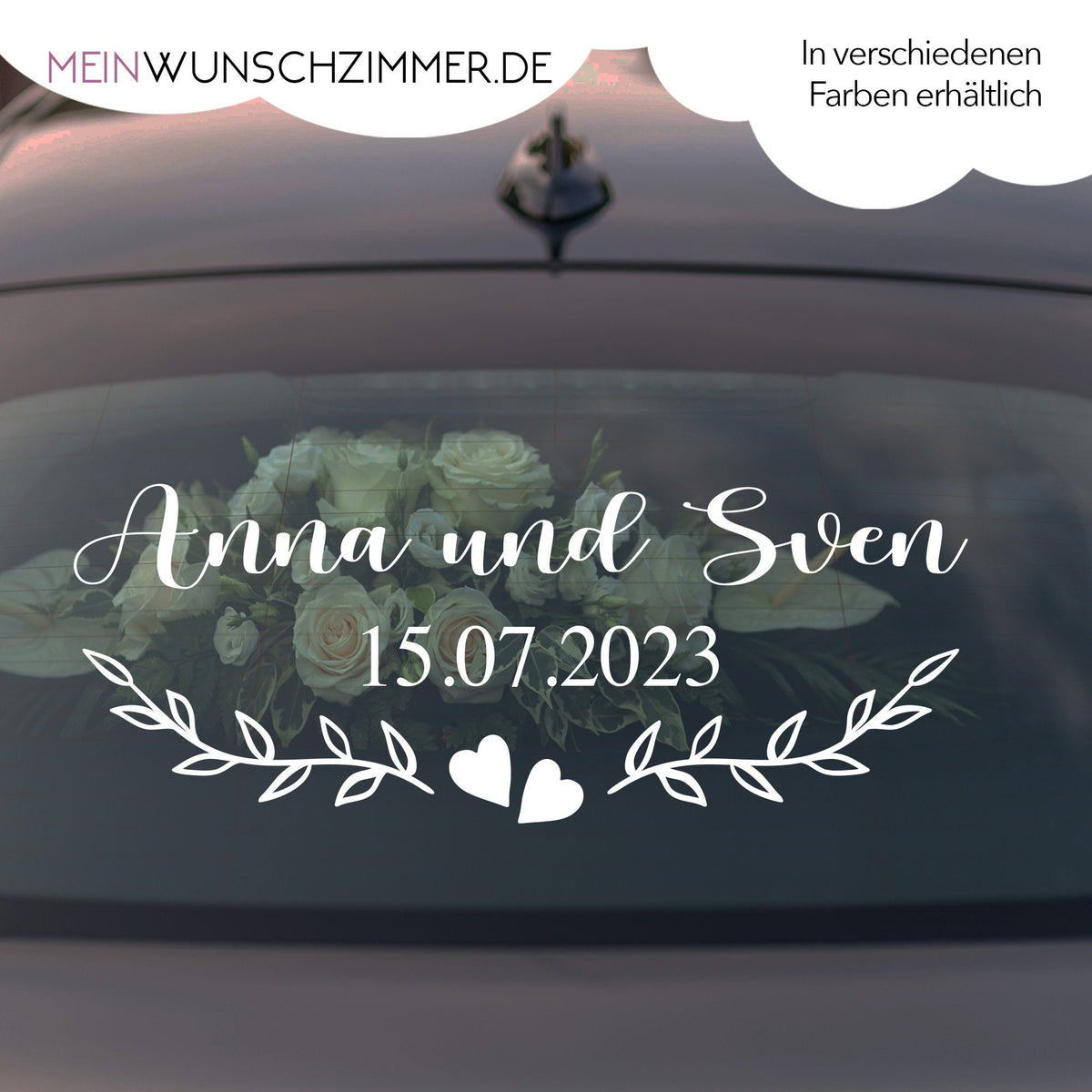 Hochzeitsauto-Aufkleber „Just Married“ mit Namen & Datum – Design 1 für die Heckscheibe