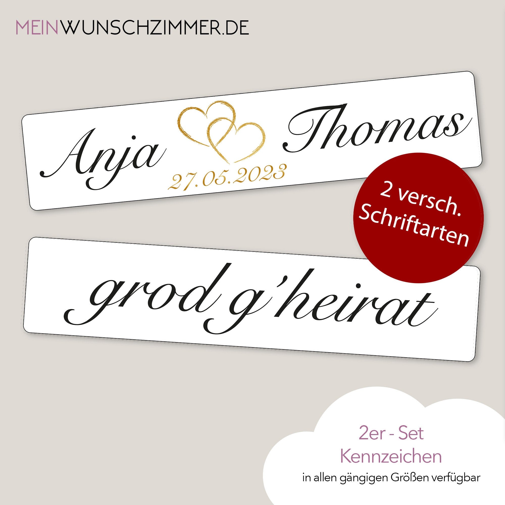 Hochzeitskennzeichen „Grod g'heirat“ – Herz Gold, personalisiert für Hochzeitsauto
