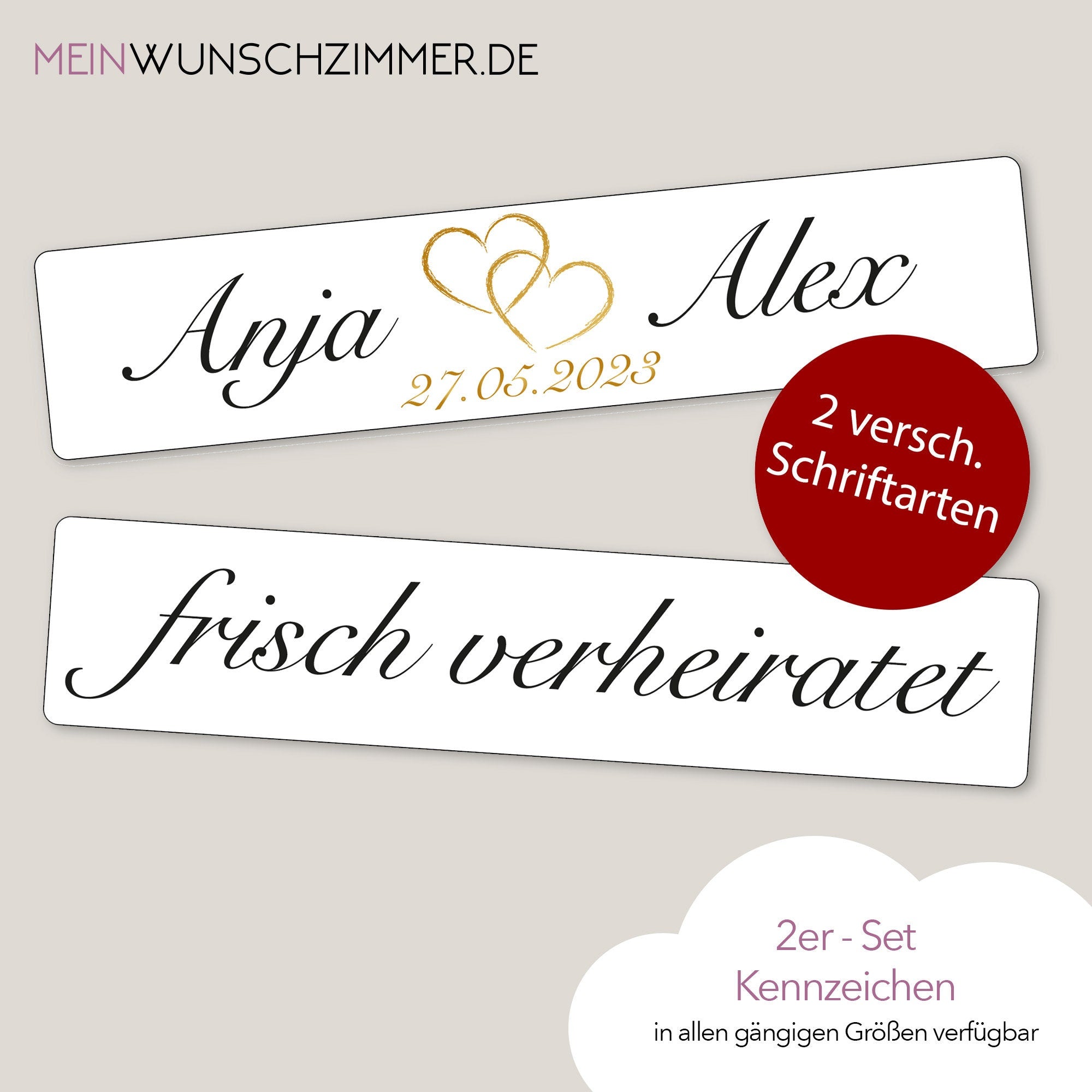 Hochzeitskennzeichen „Frisch verheiratet“ – Herz Gold, personalisiert für Hochzeitsauto