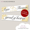 Hochzeitskennzeichen „Grod g'heirat“ – Blumen & Herz Gold, personalisiert für Hochzeitsauto
